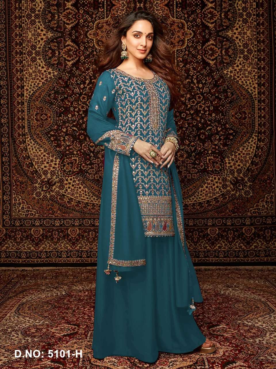 DESIGNER WEDDING PARTY WEAR CHINON TEAL GREEN SHARARA PALLAZO SALWAR SUIT HT 5101 H