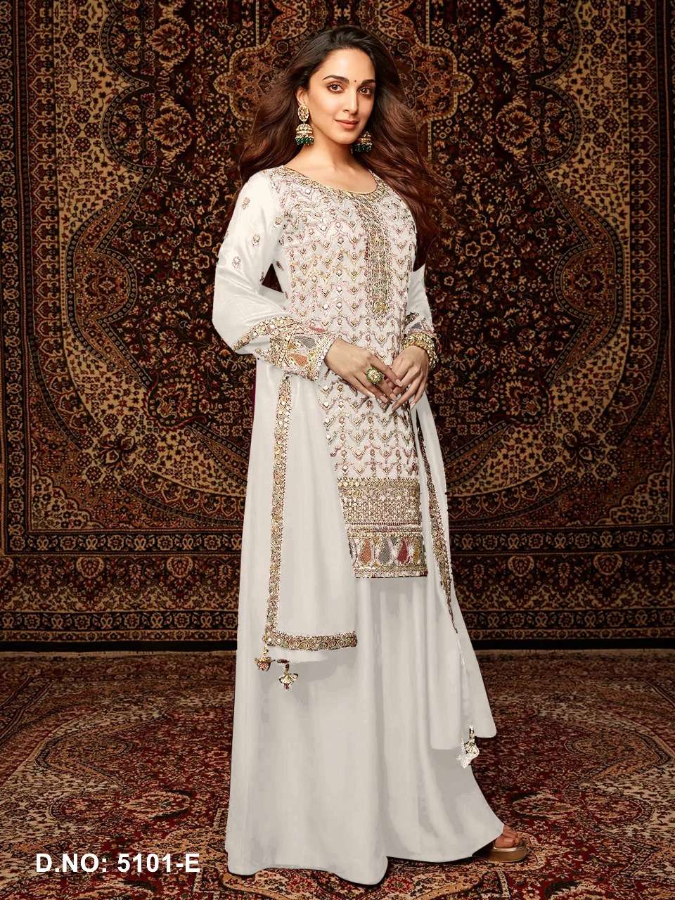 DESIGNER WEDDING PARTY WEAR CHINON WHITE SHARARA PALLAZO SALWAR SUIT HT 5101 E