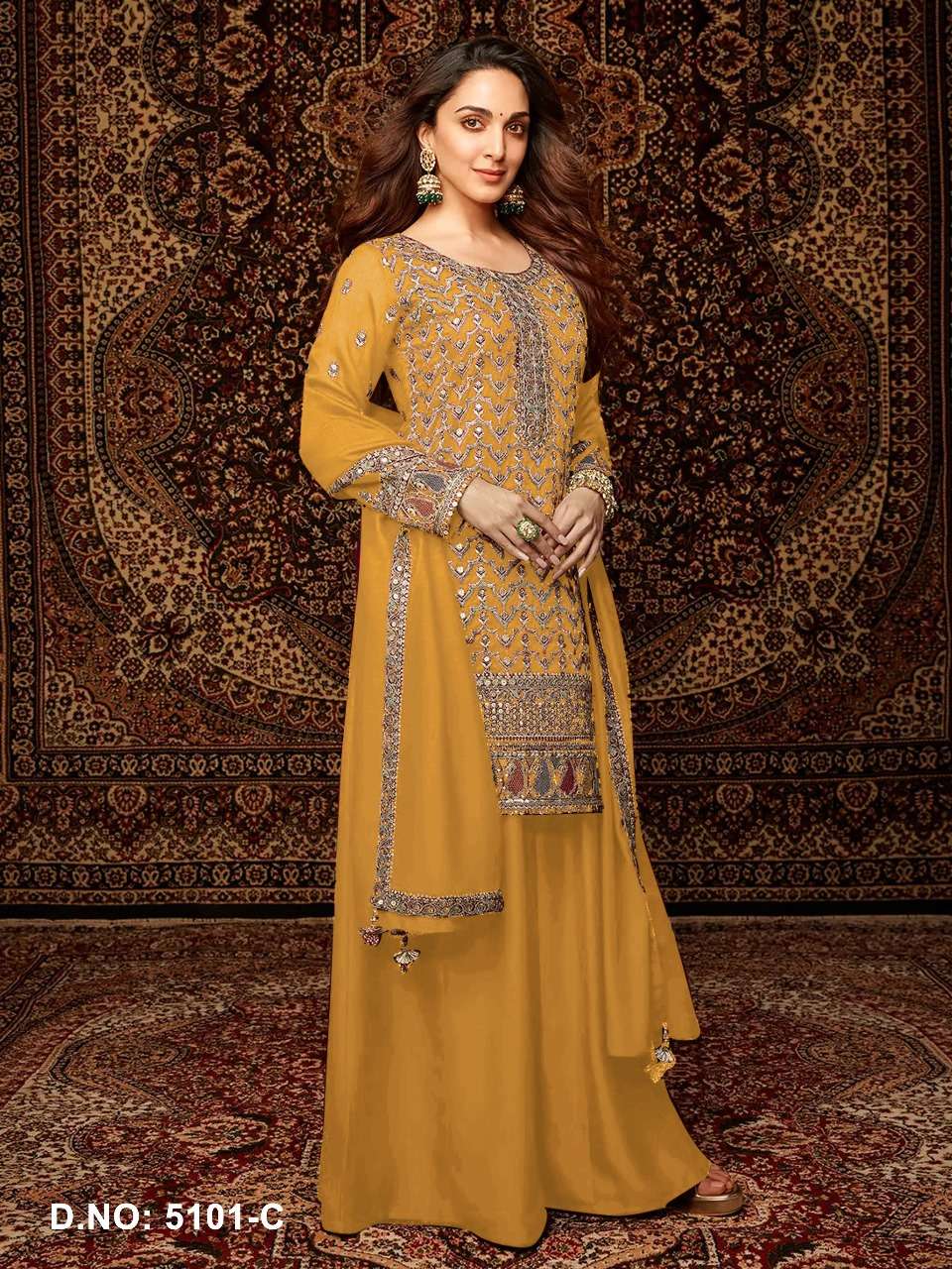 DESIGNER WEDDING PARTY WEAR CHINON YELLOW SHARARA PALLAZO SALWAR SUIT HT 5101 C