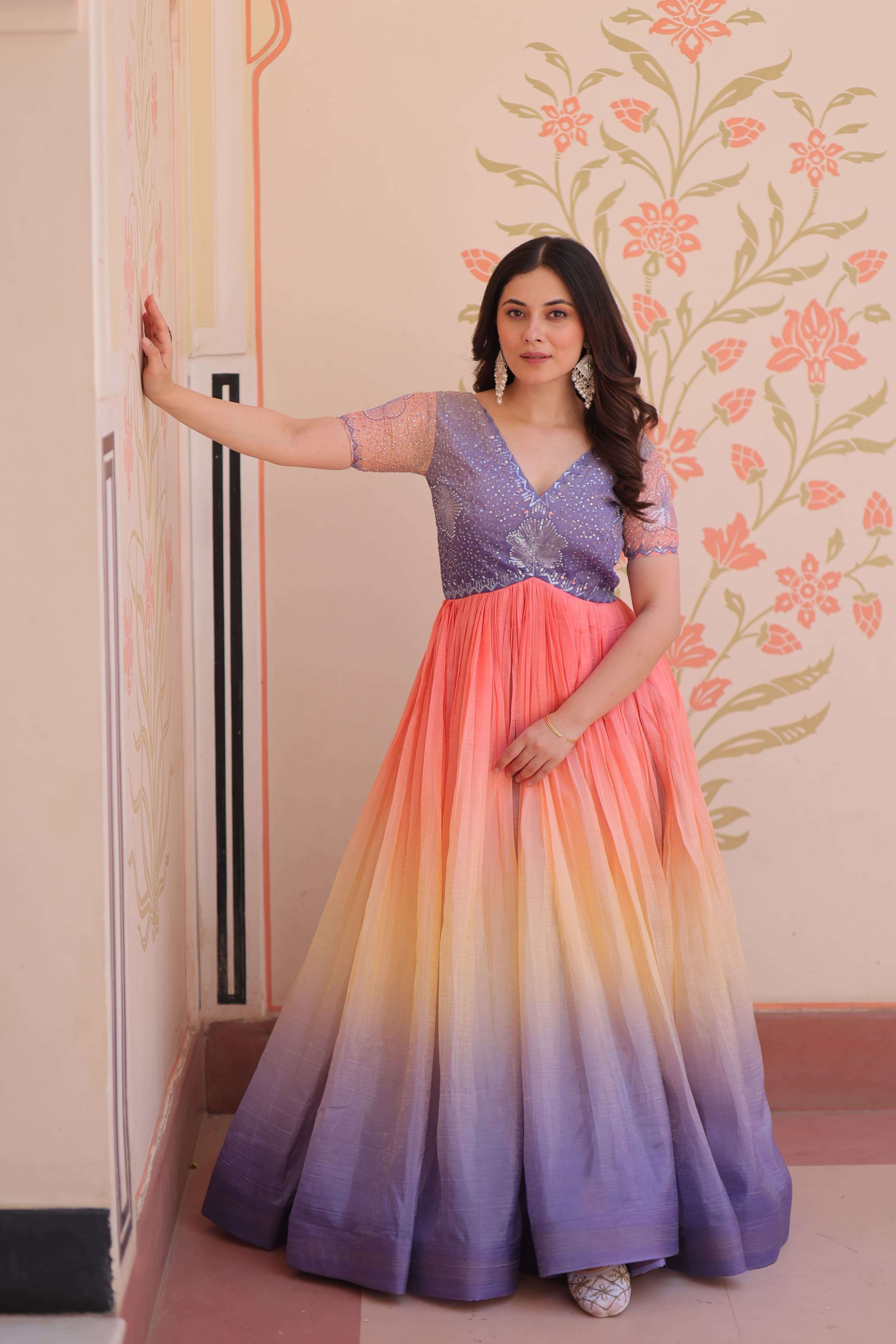 DESIGNER WEDDING PARTY WEAR CRUSHED FABRIC READYMADE MULTICOLOR ANARKALI GOWN SUIT PC 1169 A