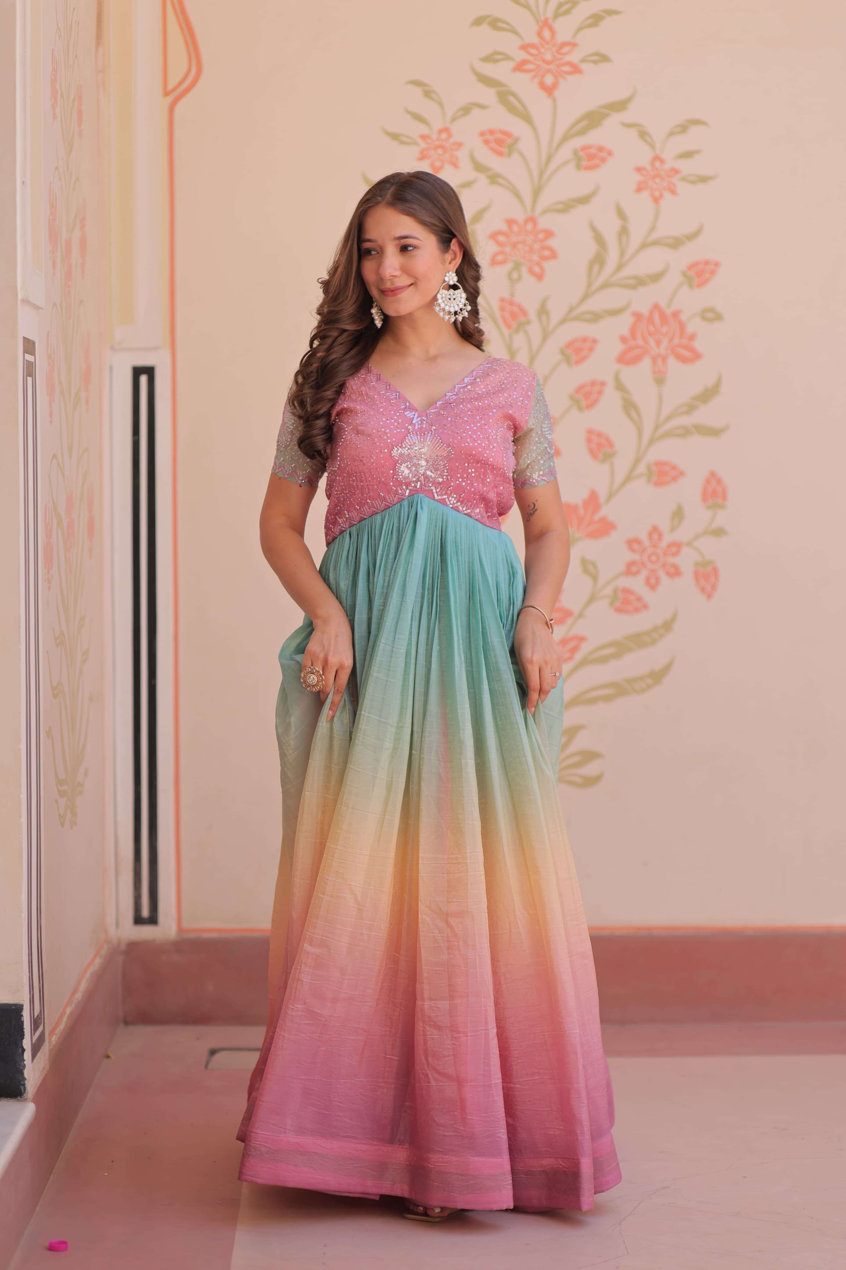 DESIGNER WEDDING PARTY WEAR CRUSHED FABRIC READYMADE MULTICOLOR ANARKALI GOWN SUIT PC 1169 B