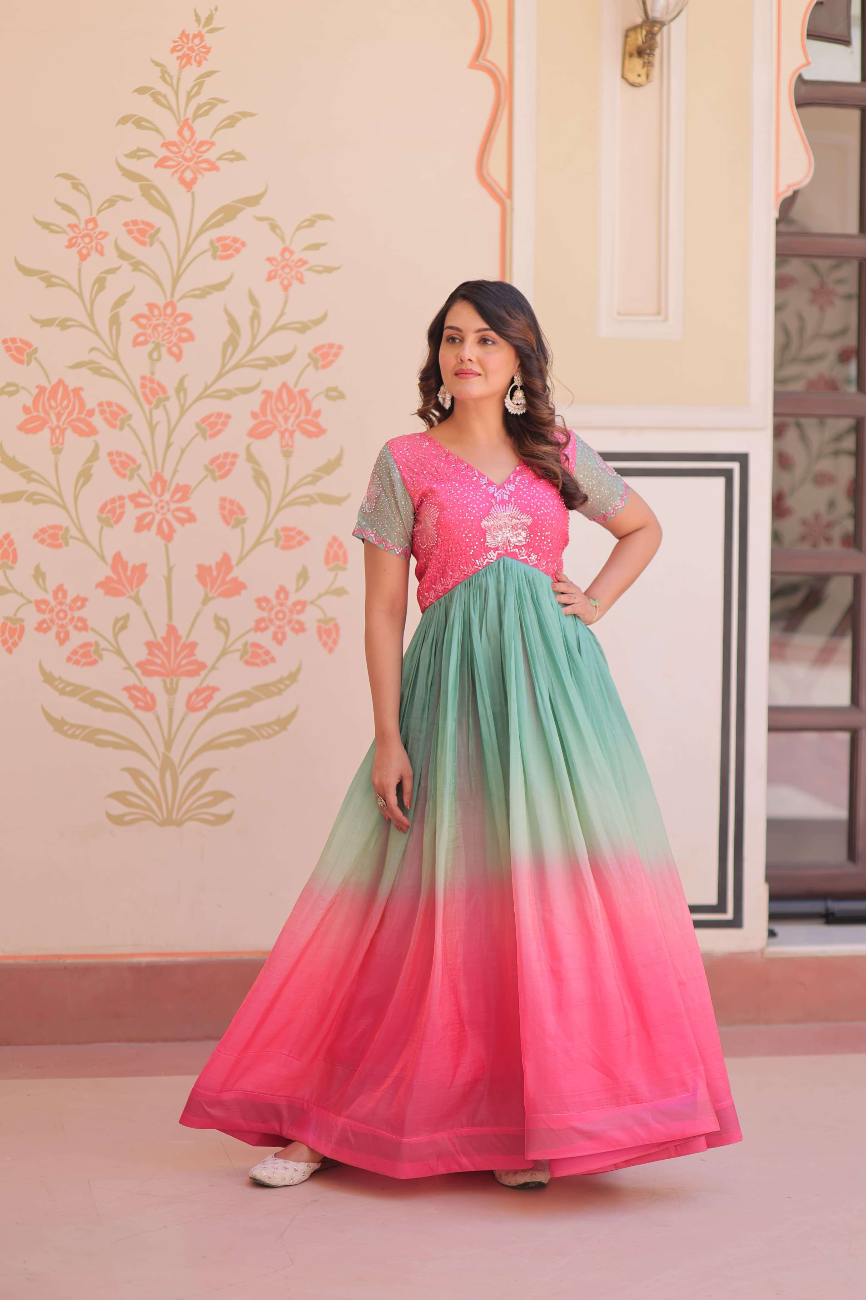 DESIGNER WEDDING PARTY WEAR CRUSHED FABRIC READYMADE MULTICOLOR ANARKALI GOWN SUIT PC 1169 C
