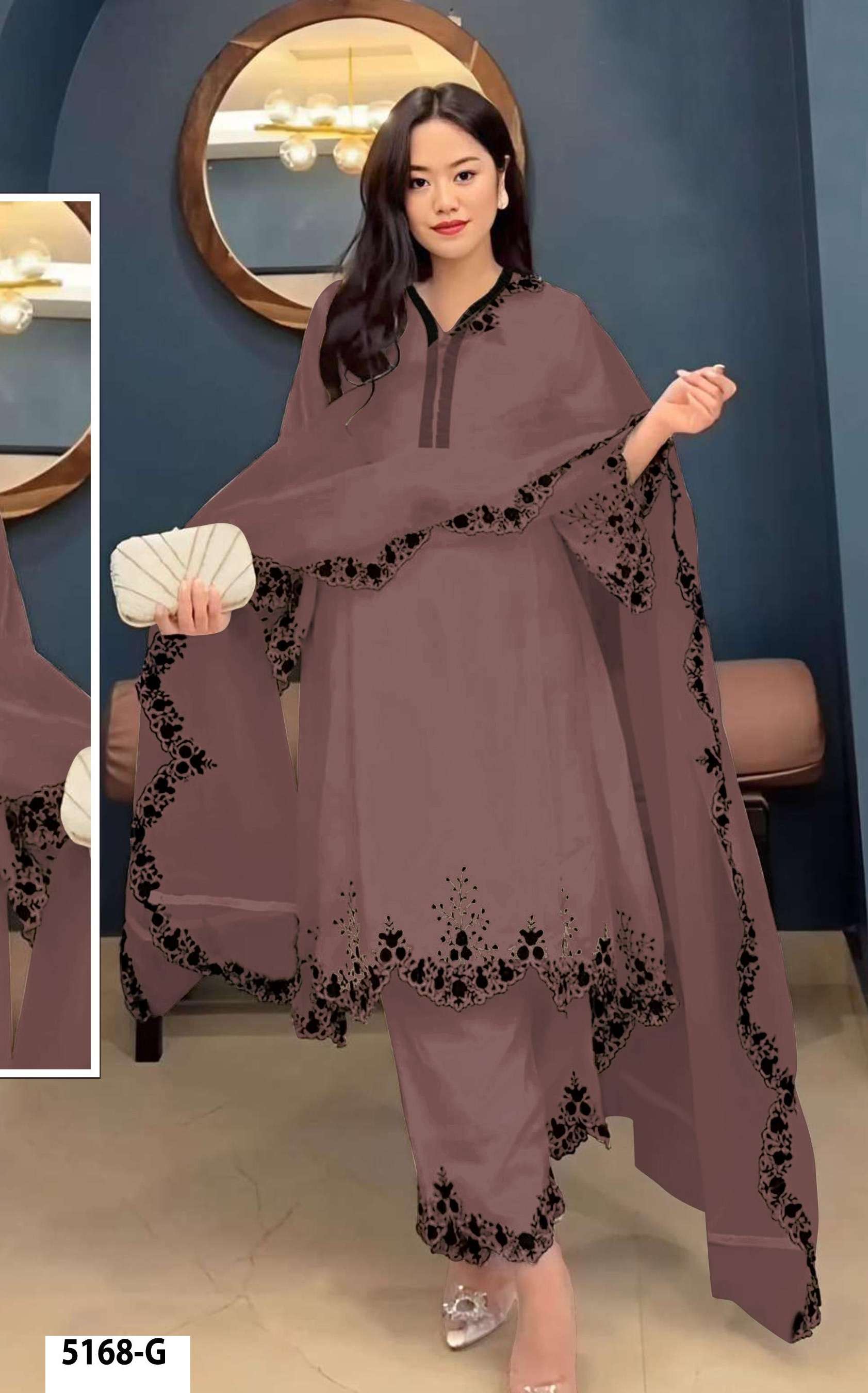 DESIGNER WEDDING PARTY WEAR FAUX GEORGETTE COFFEE PALLAZO SHARARA SALWAR SUIT JG 5168 G