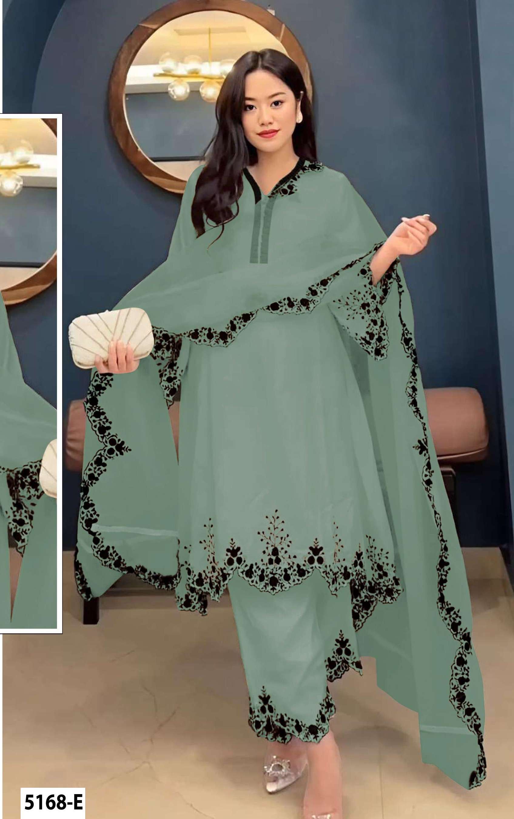DESIGNER WEDDING PARTY WEAR FAUX GEORGETTE GREEN PALLAZO SHARARA SALWAR SUIT JG 5168 E