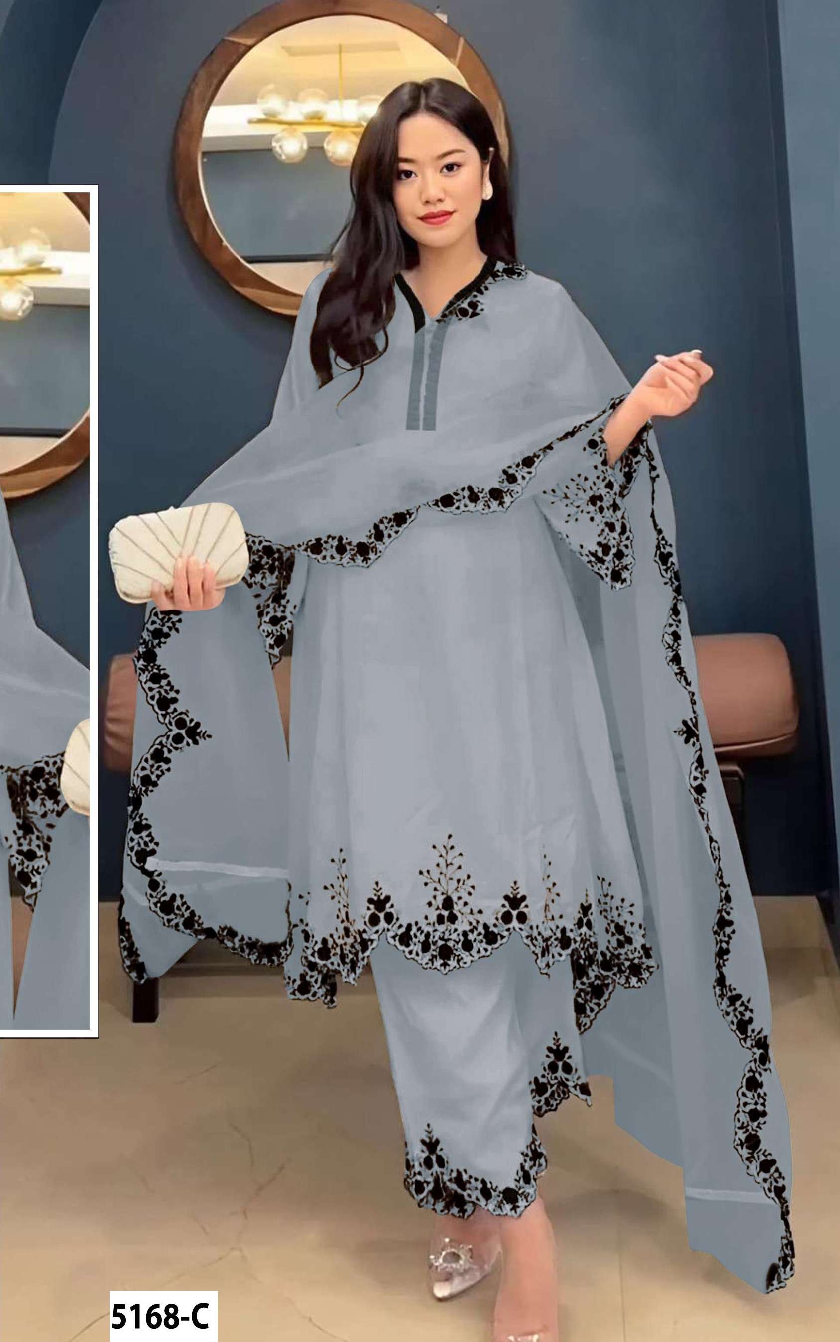 DESIGNER WEDDING PARTY WEAR FAUX GEORGETTE GREY PALLAZO SHARARA SALWAR SUIT JG 5168 C