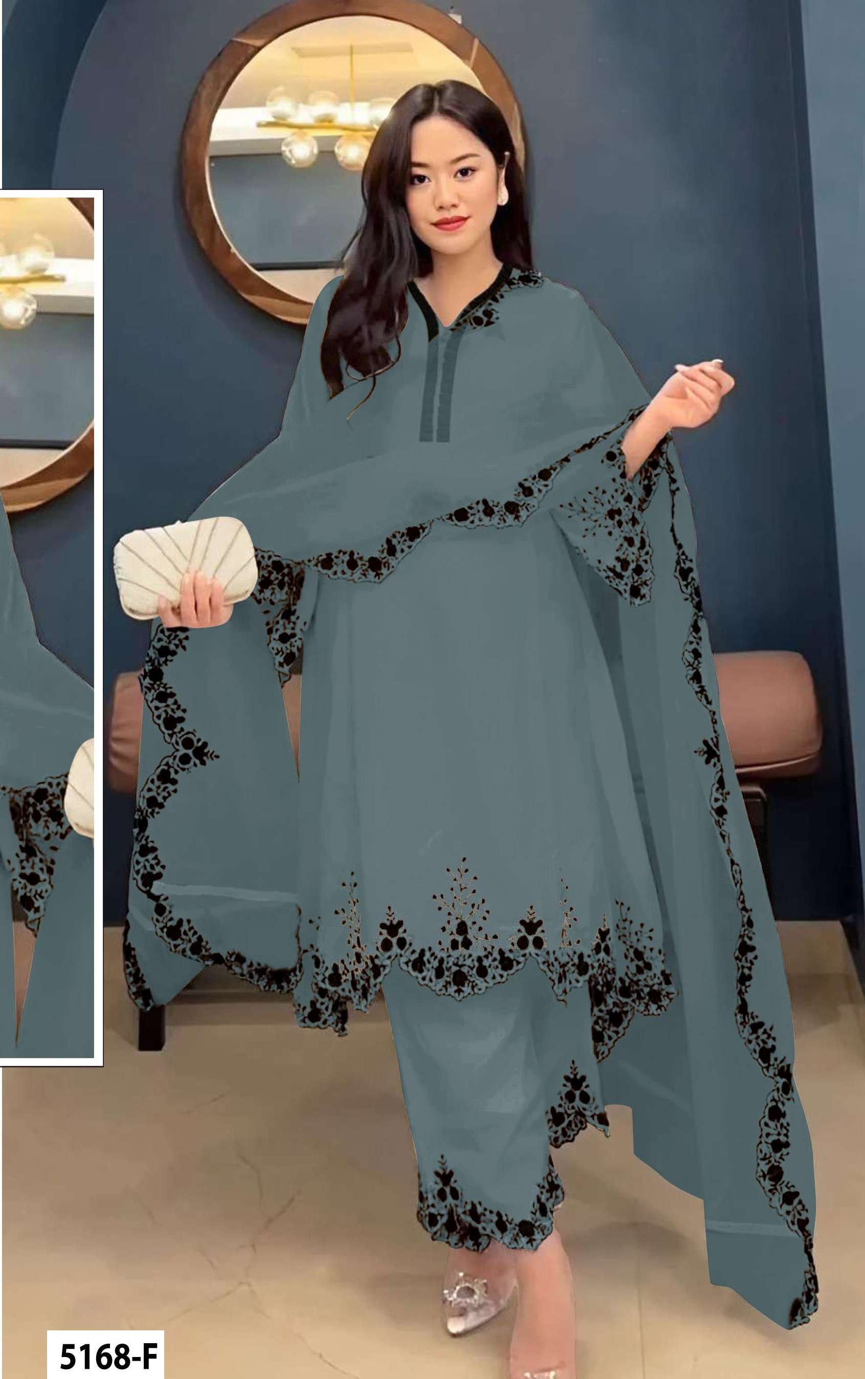 DESIGNER WEDDING PARTY WEAR FAUX GEORGETTE GREY PALLAZO SHARARA SALWAR SUIT JG 5168 F