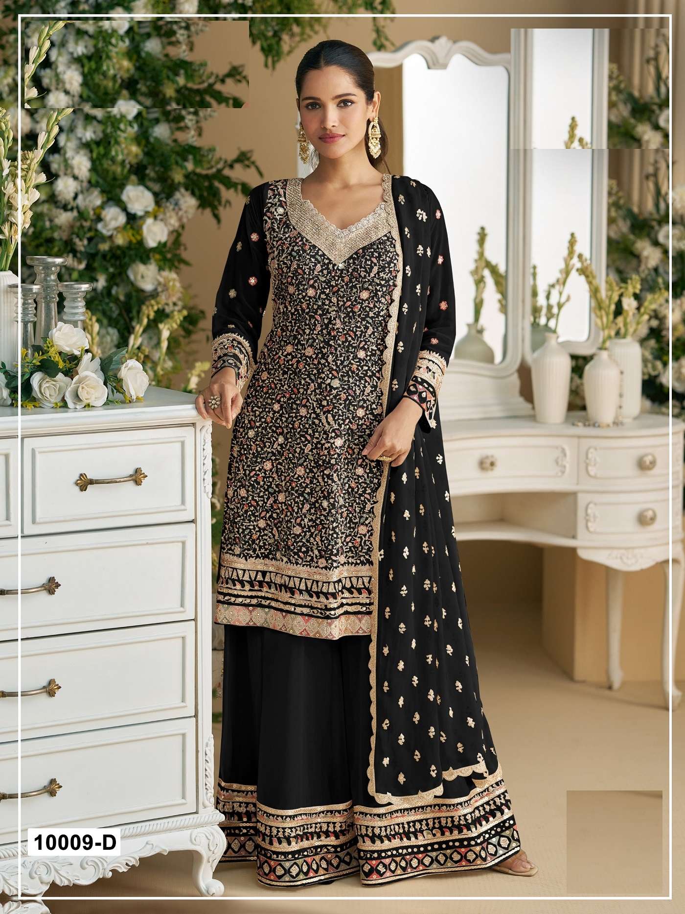 DESIGNER WEDDING PARTY WEAR GEORGETTE BLACK SHARARA PALLAZO SALWAR SUIT CP MOHINI 10009 D