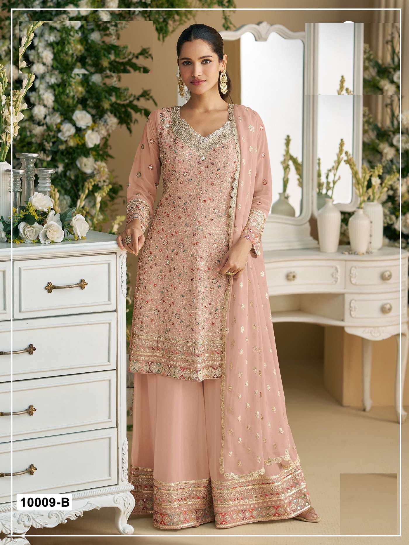 DESIGNER WEDDING PARTY WEAR GEORGETTE PEACH SHARARA PALLAZO SALWAR SUIT CP MOHINI 10009 B