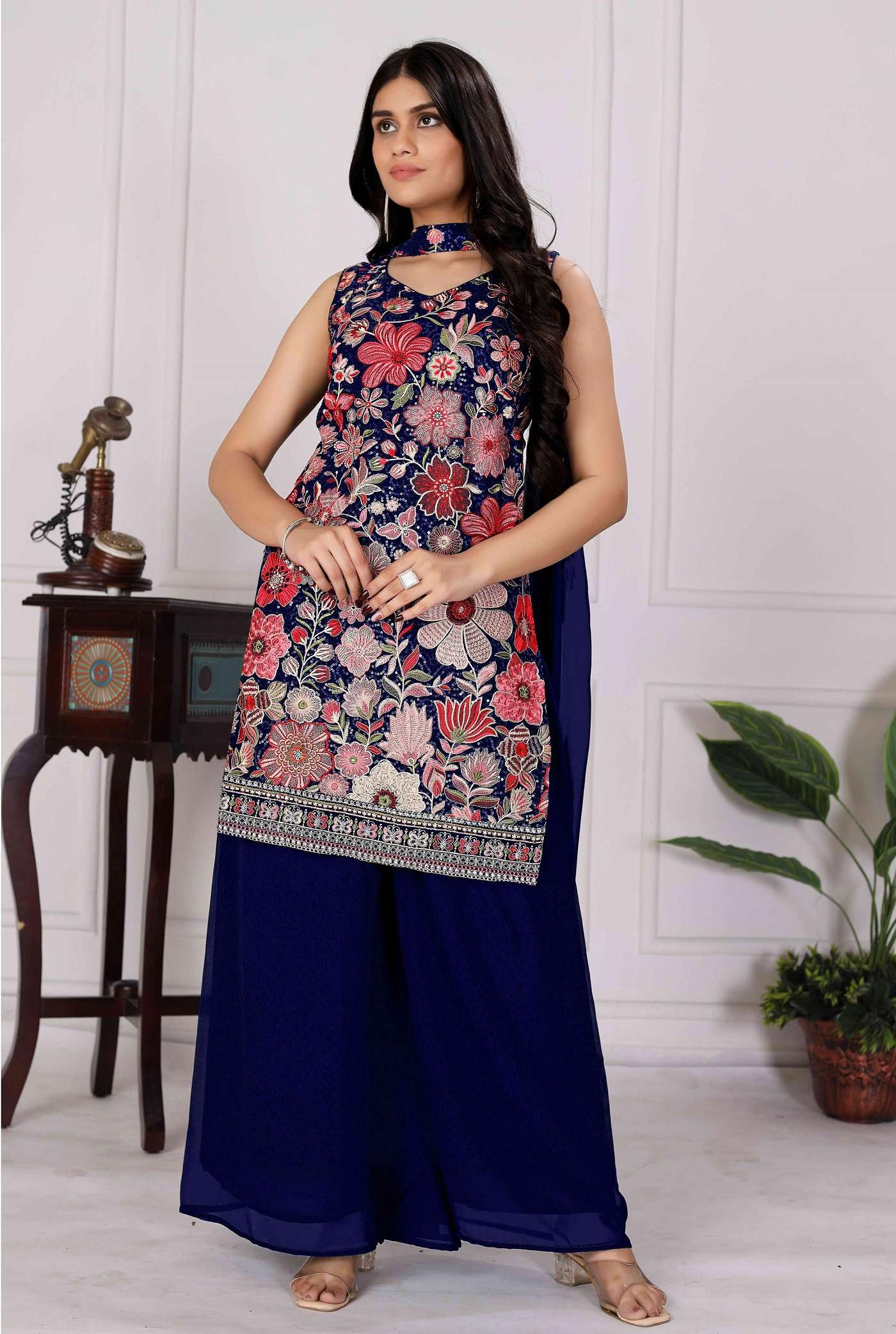 DESIGNER WEDDING PARTY WEAR GEORGETTE READYMADE BLUE SHARARA PALLAZO SALWAR SUIT TT 7 C
