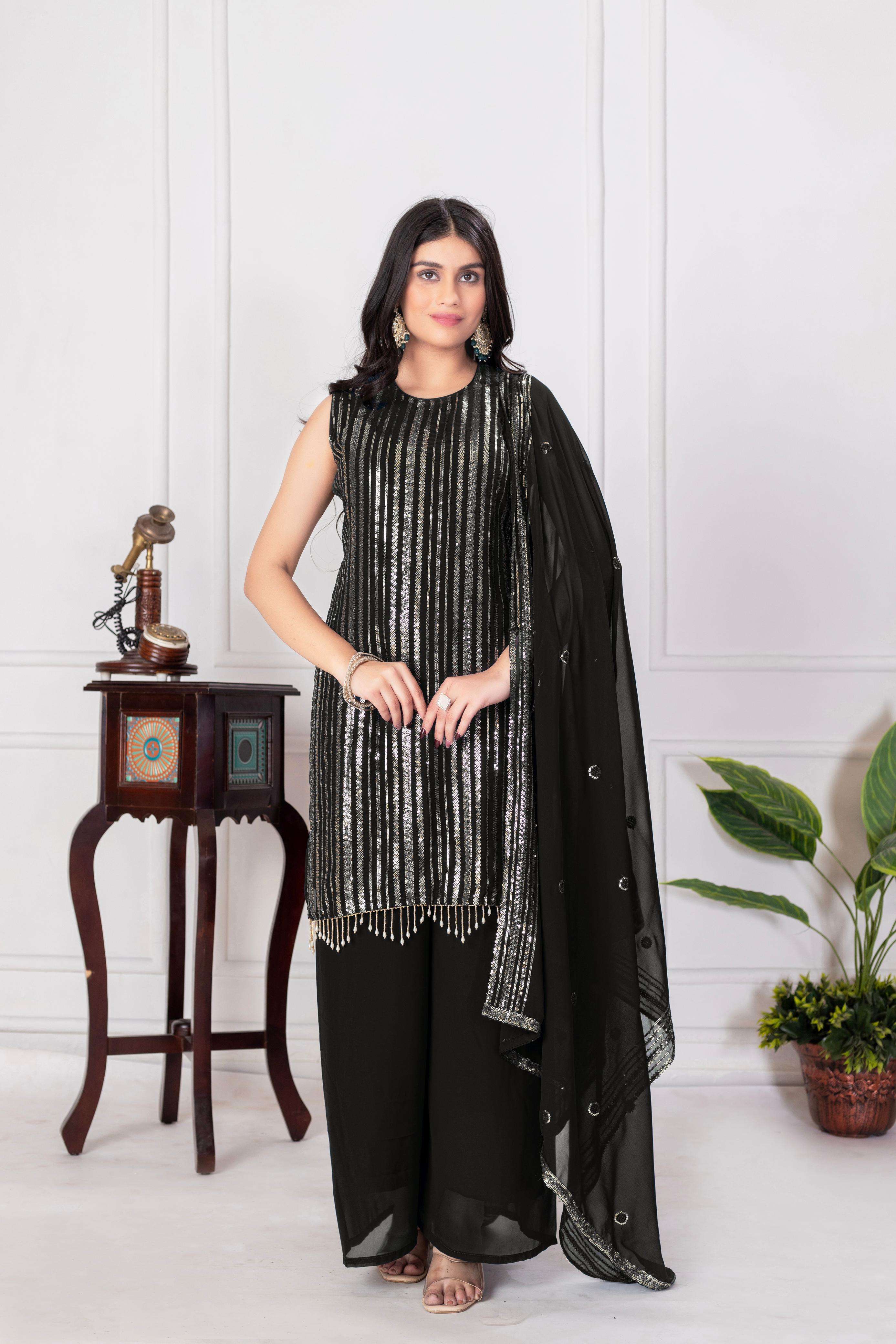 DESIGNER WEDDING PARTY WEAR GEORGETTE READYMADE BLACK SHARARA PALLAZO SALWAR SUIT TT 6 B