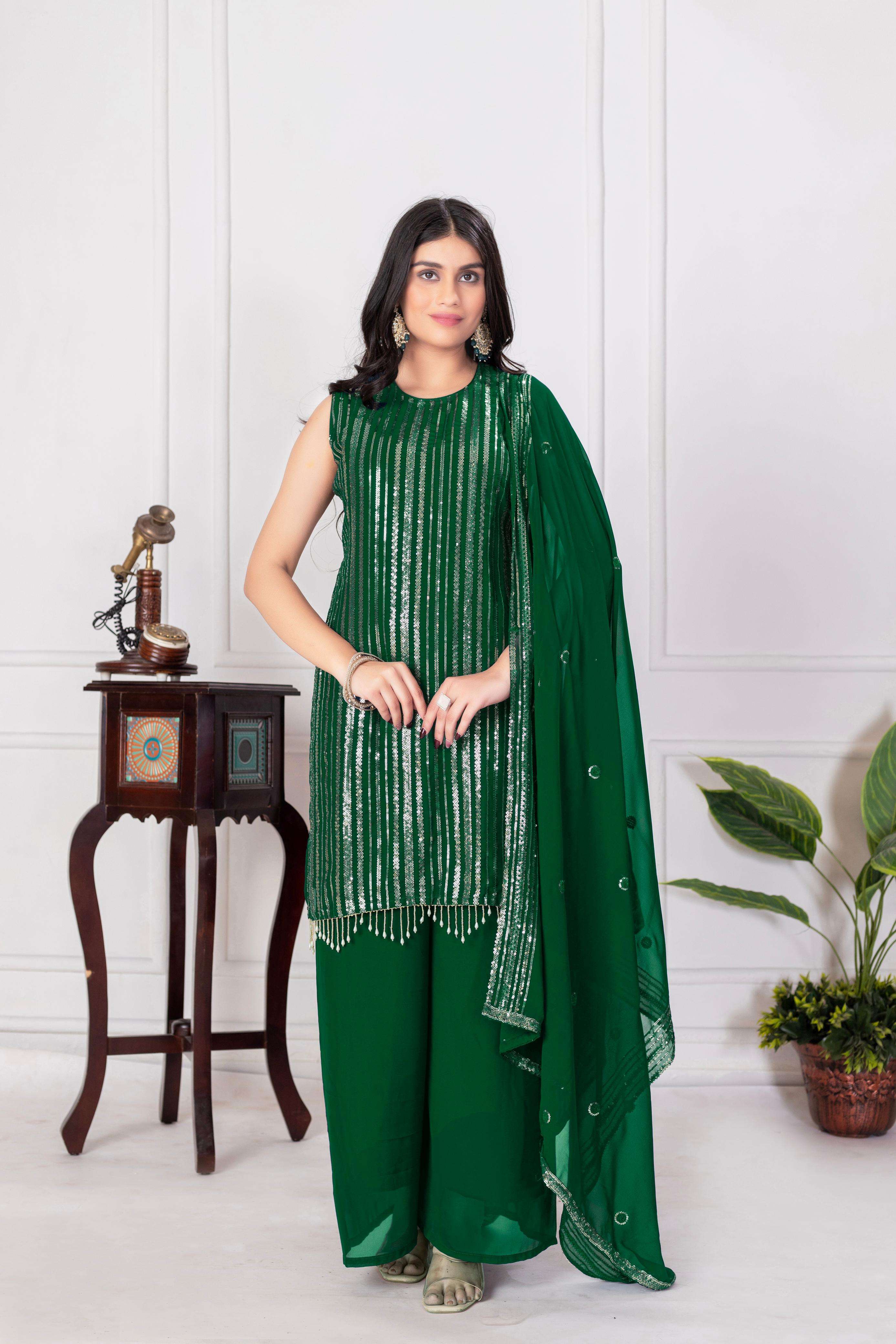 DESIGNER WEDDING PARTY WEAR GEORGETTE READYMADE GREEN SHARARA PALLAZO SALWAR SUIT TT 6 A
