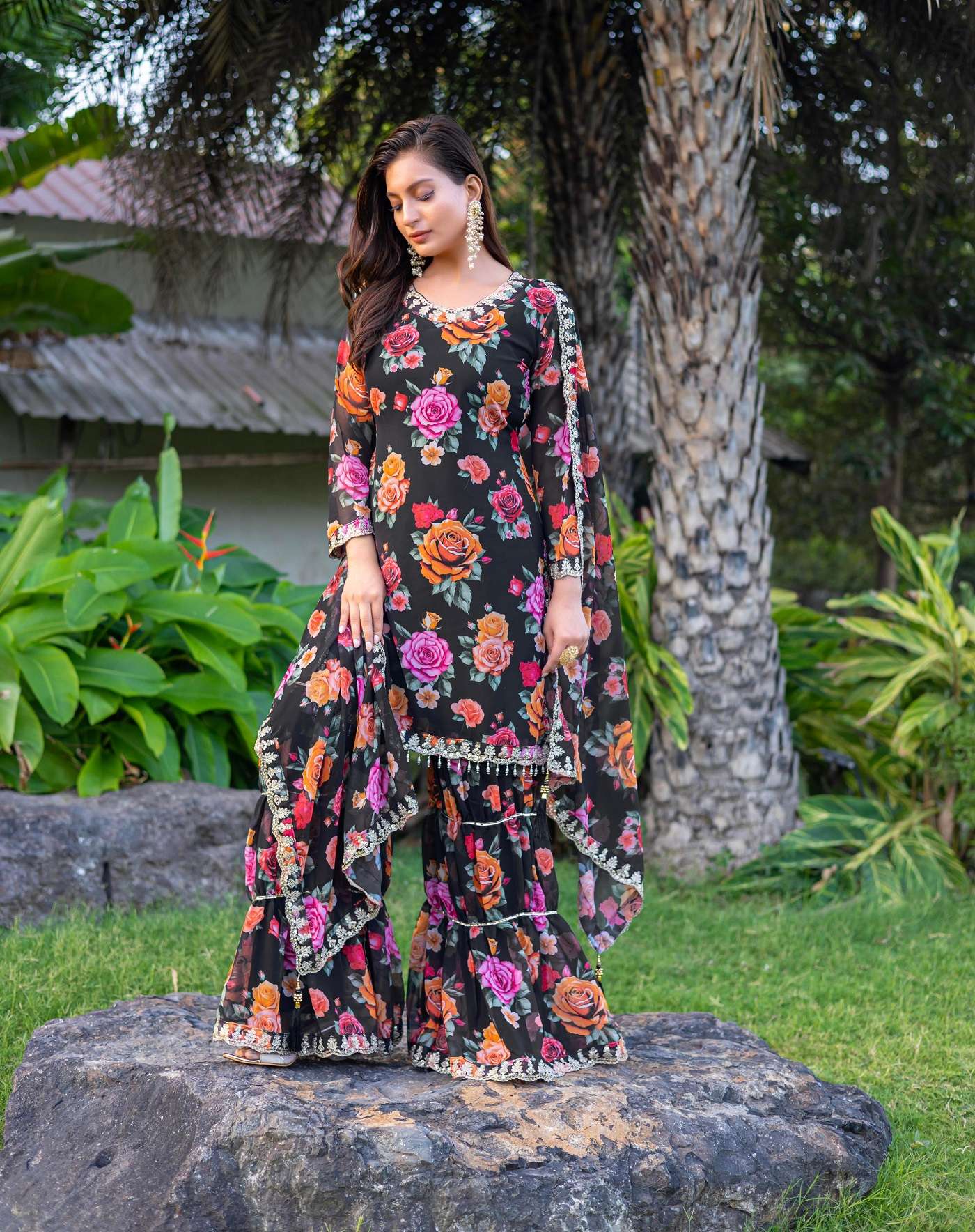 DESIGNER WEDDING PARTY WEAR GEORGETTE READYMADE PRINTED BLACK SHARARA PALLAZO SALWAR SUIT TT 9 A