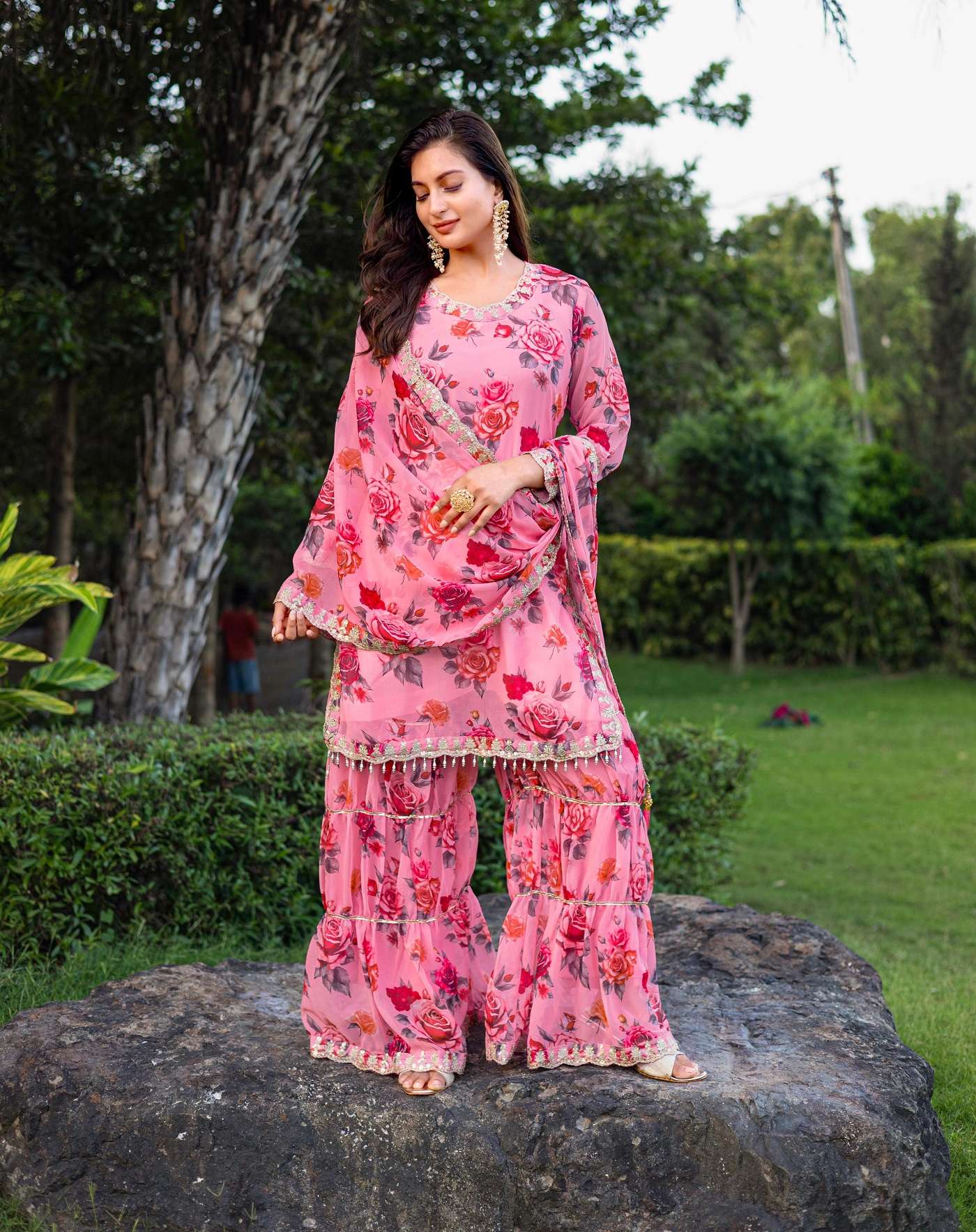 DESIGNER WEDDING PARTY WEAR GEORGETTE READYMADE PRINTED PINK SHARARA PALLAZO SALWAR SUIT TT 9 B