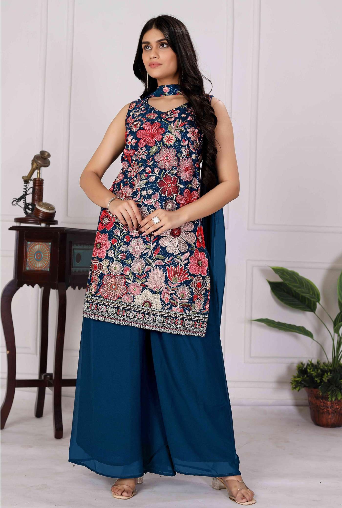 DESIGNER WEDDING PARTY WEAR GEORGETTE READYMADE TEAL BLUE SHARARA PALLAZO SALWAR SUIT TT 7 A