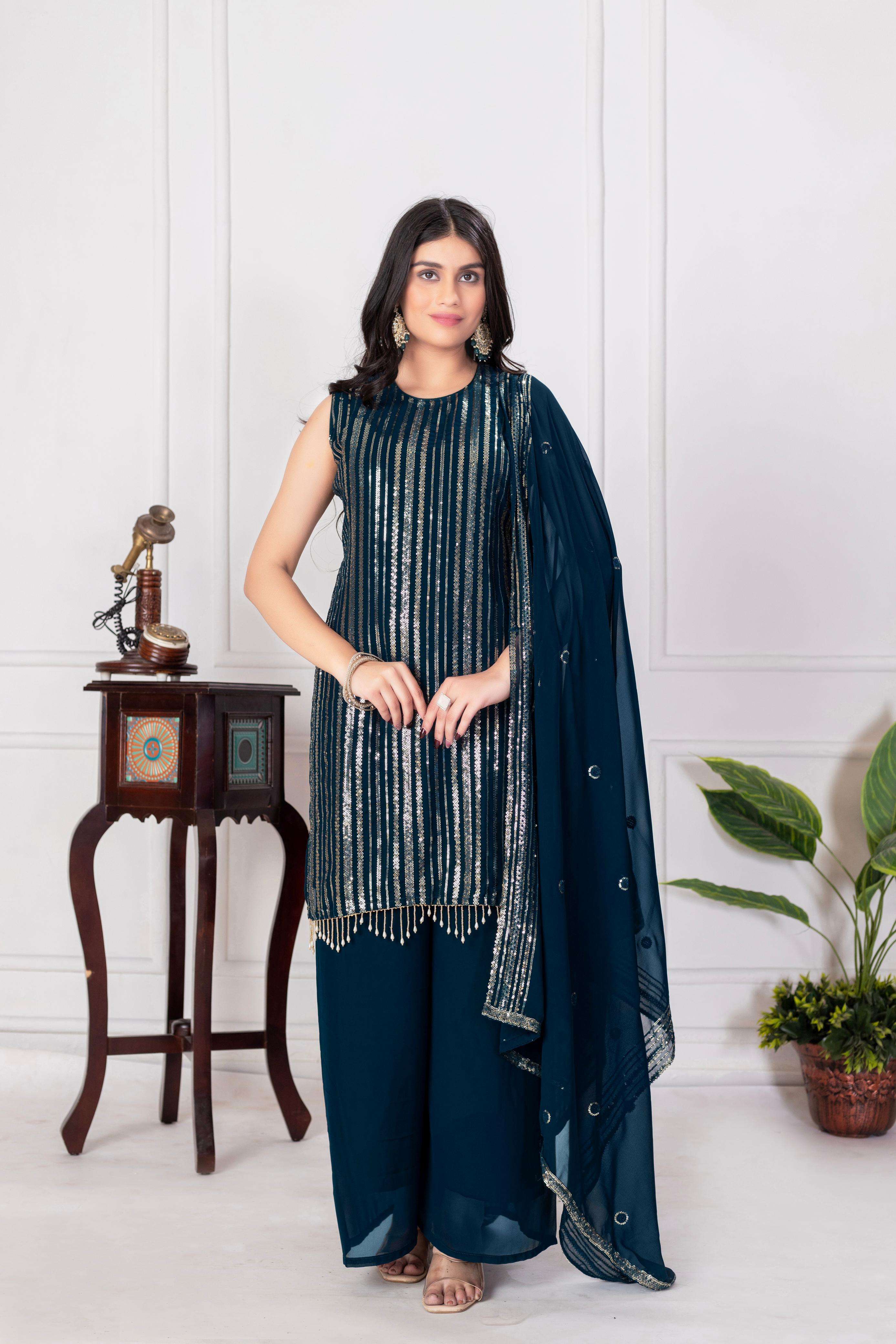 DESIGNER WEDDING PARTY WEAR GEORGETTE READYMADE TEAL BLUE SHARARA PALLAZO SALWAR SUIT TT 6 D