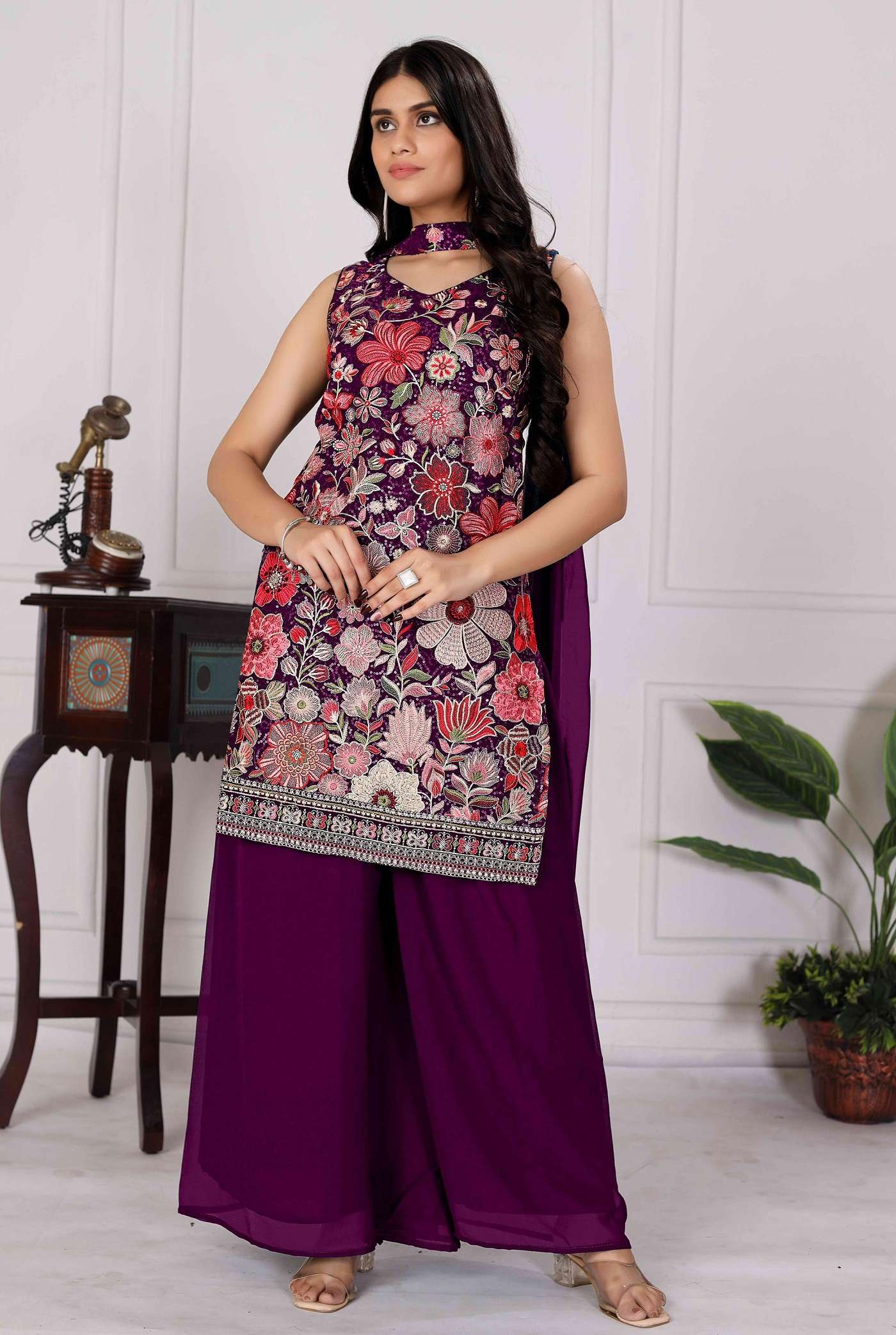 DESIGNER WEDDING PARTY WEAR GEORGETTE READYMADE WINE SHARARA PALLAZO SALWAR SUIT TT 7 D