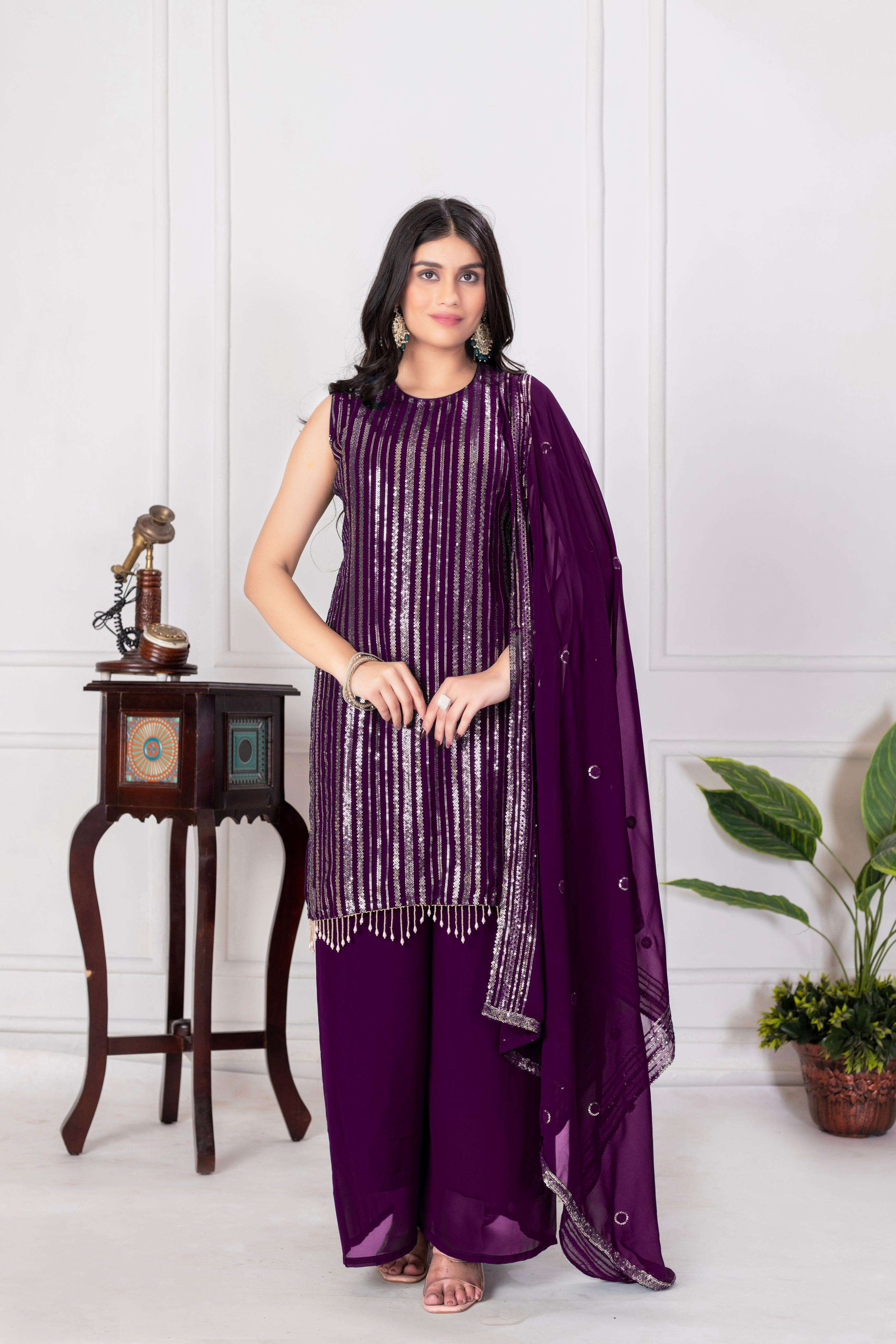 DESIGNER WEDDING PARTY WEAR GEORGETTE READYMADE WINE SHARARA PALLAZO SALWAR SUIT TT 6 C