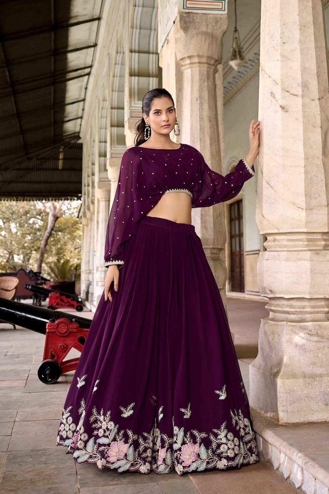 DESIGNER WEDDING PARTY WEAR GEORGETTE READYMADE WINE CROP TOP WITH LEHNGA NNK 1118 B