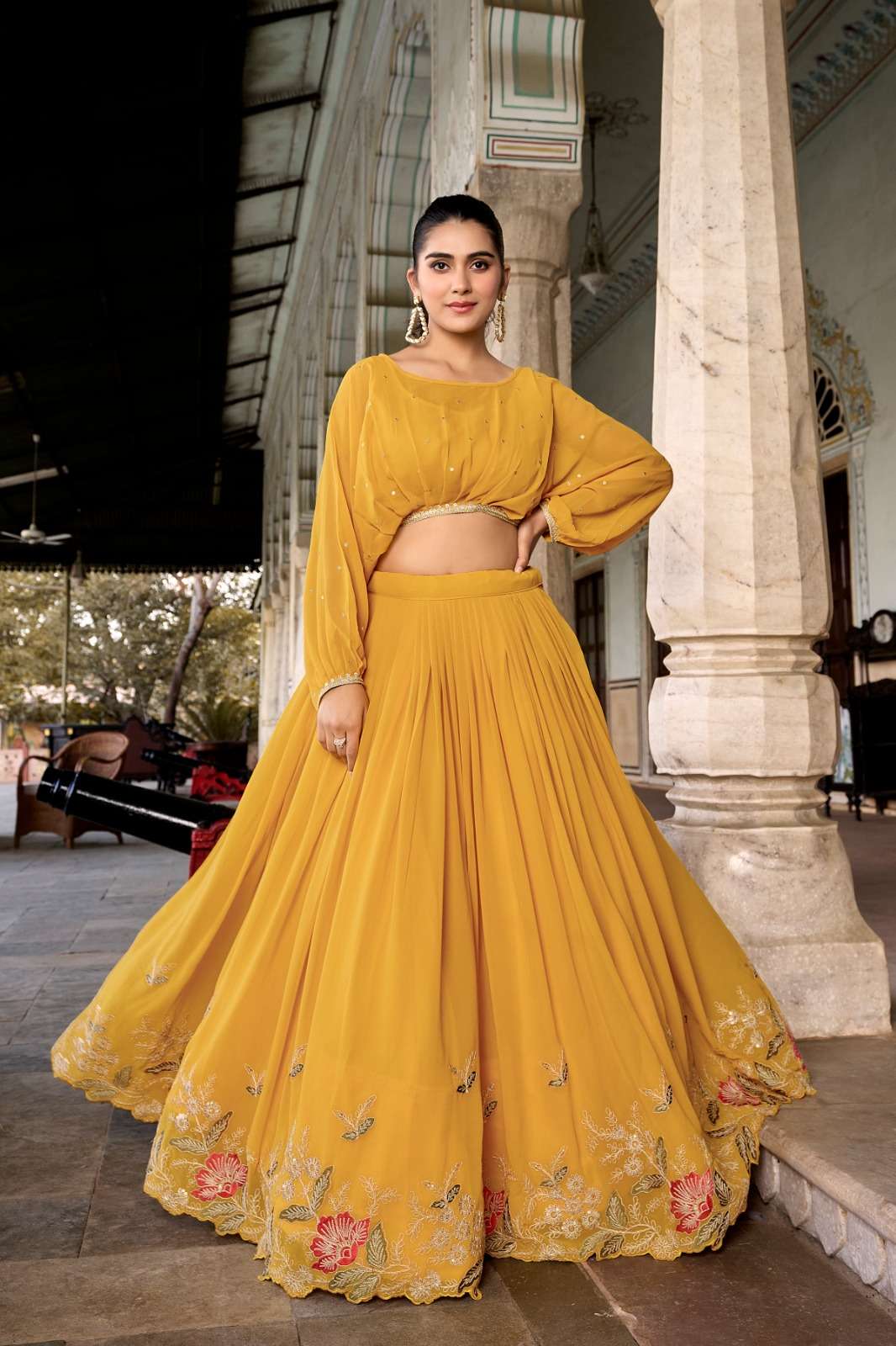 DESIGNER WEDDING PARTY WEAR GEORGETTE READYMADE YELLOW CROP TOP WITH LEHNGA NNK 1118 A