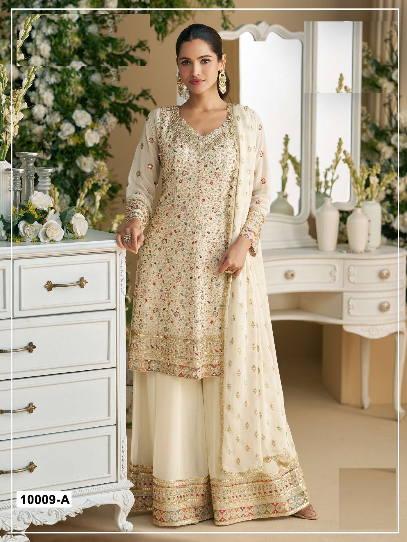 DESIGNER WEDDING PARTY WEAR GEORGETTE WHITE SHARARA PALLAZO SALWAR SUIT CP MOHINI 10009 A
