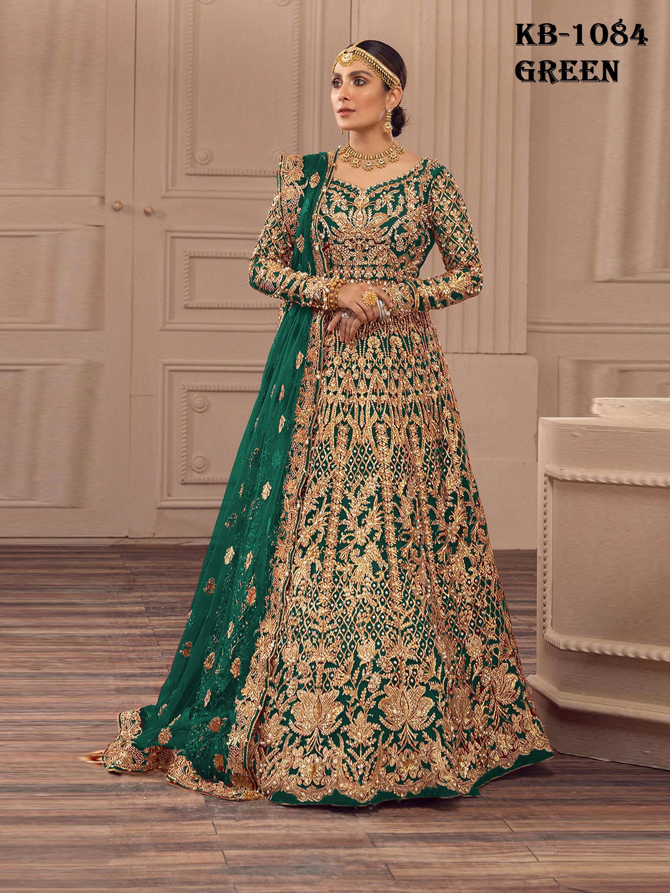 DESIGNER WEDDING PARTY WEAR GREEN ANARKALI SALWAR SUIT LONG GOWN IN BUTTERFLY NET KB 1084 A