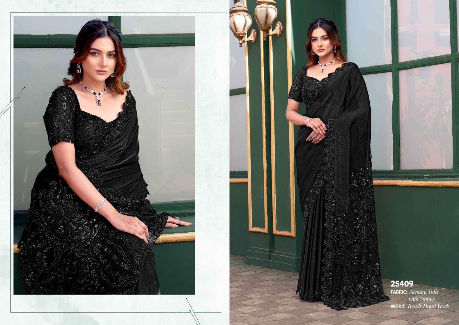 DESIGNER WEDDING PARTY WEAR HEAVY FANCY FABRIC BLACK BRIDAL SAREE COLLECTION DST MHTSV 25409