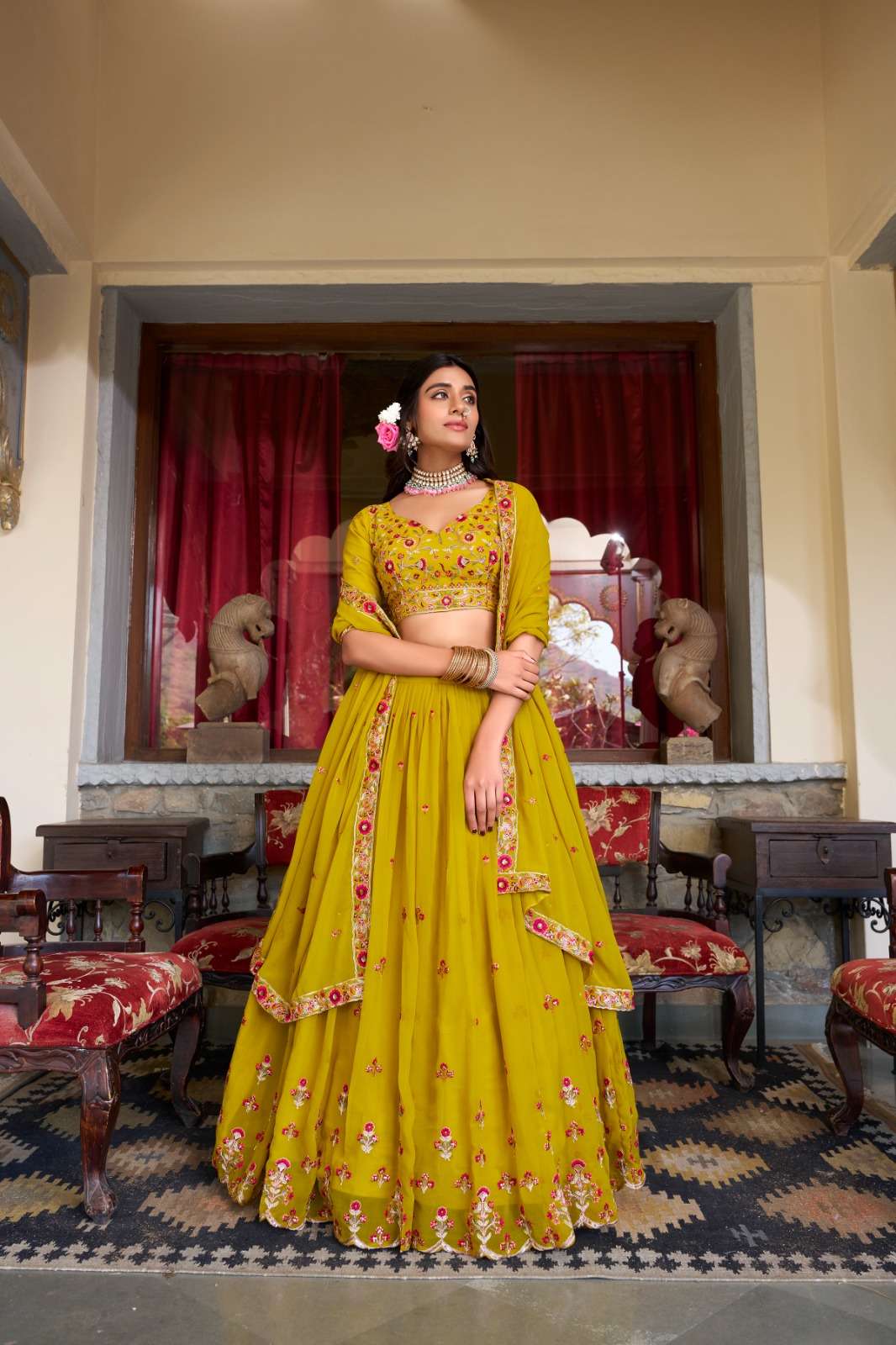 DESIGNER WEDDING PARTY WEAR HEAVY GEORGETTE YELLOW FANCY LEHENGA CHOLI LNB 1417