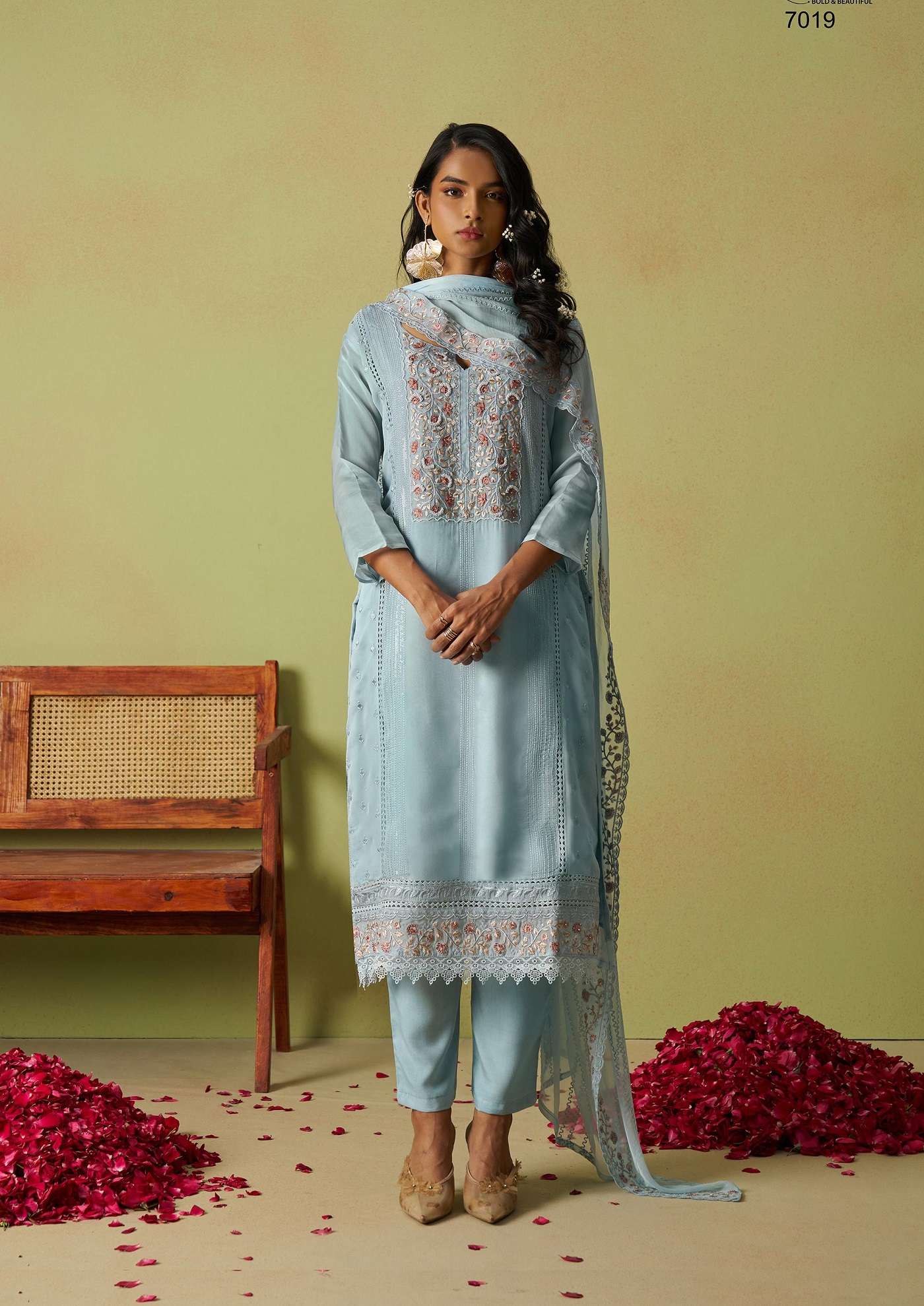 DESIGNER WEDDING PARTY WEAR HEAVY ORGANZA SKY BLUE STRAIGHT SALWAR SUIT ALZ SAADGI 7019