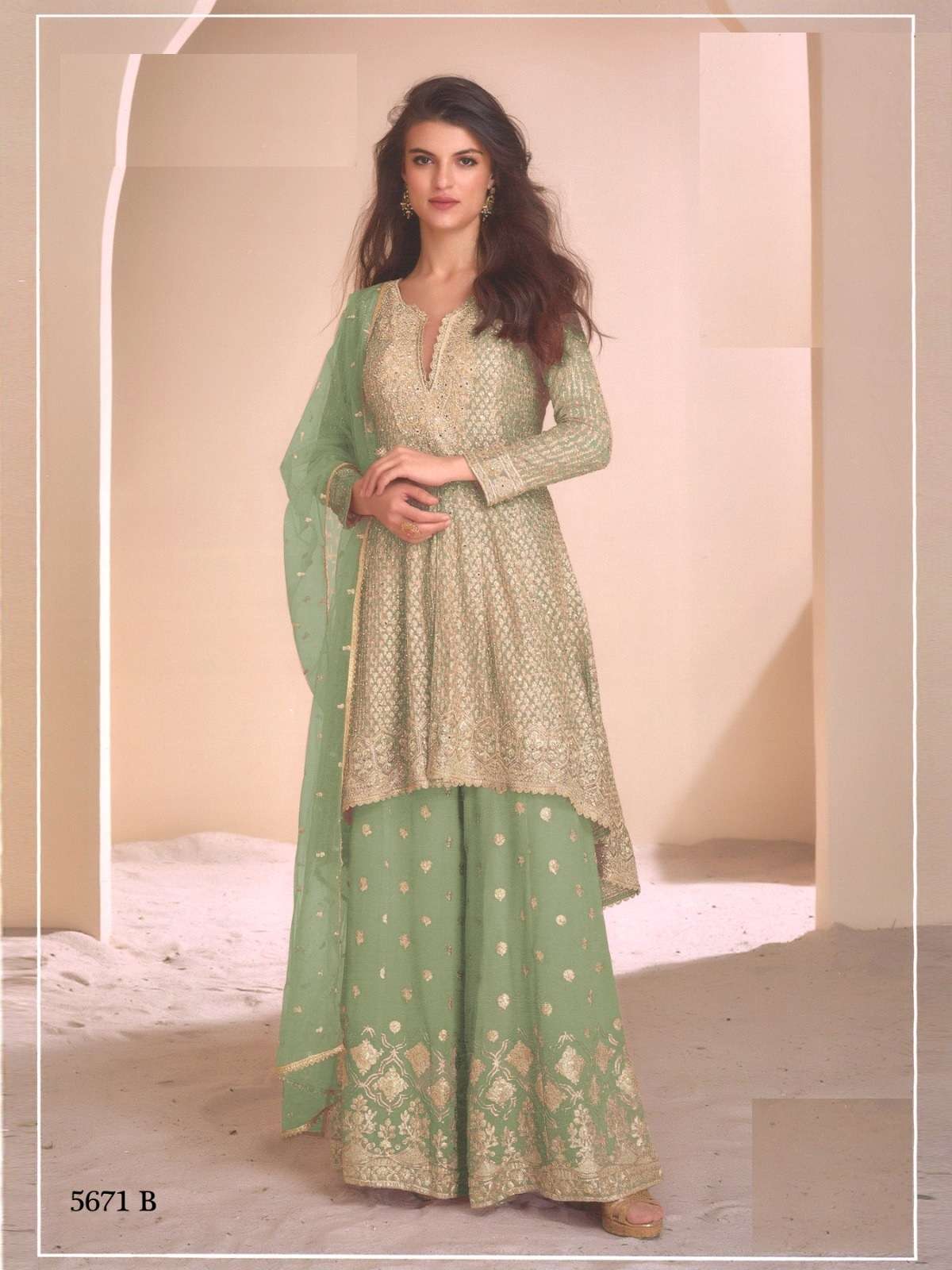 DESIGNER WEDDING PARTY WEAR HEAVY REAL GEORGETTE GREEN SHARARA SALWAR SUIT RH SY AAYNA 5671 B