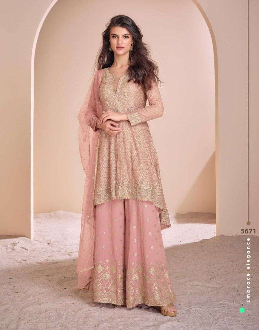DESIGNER WEDDING PARTY WEAR HEAVY REAL GEORGETTE PEACH SHARARA SALWAR SUIT RH SY AAYNA 5671 A