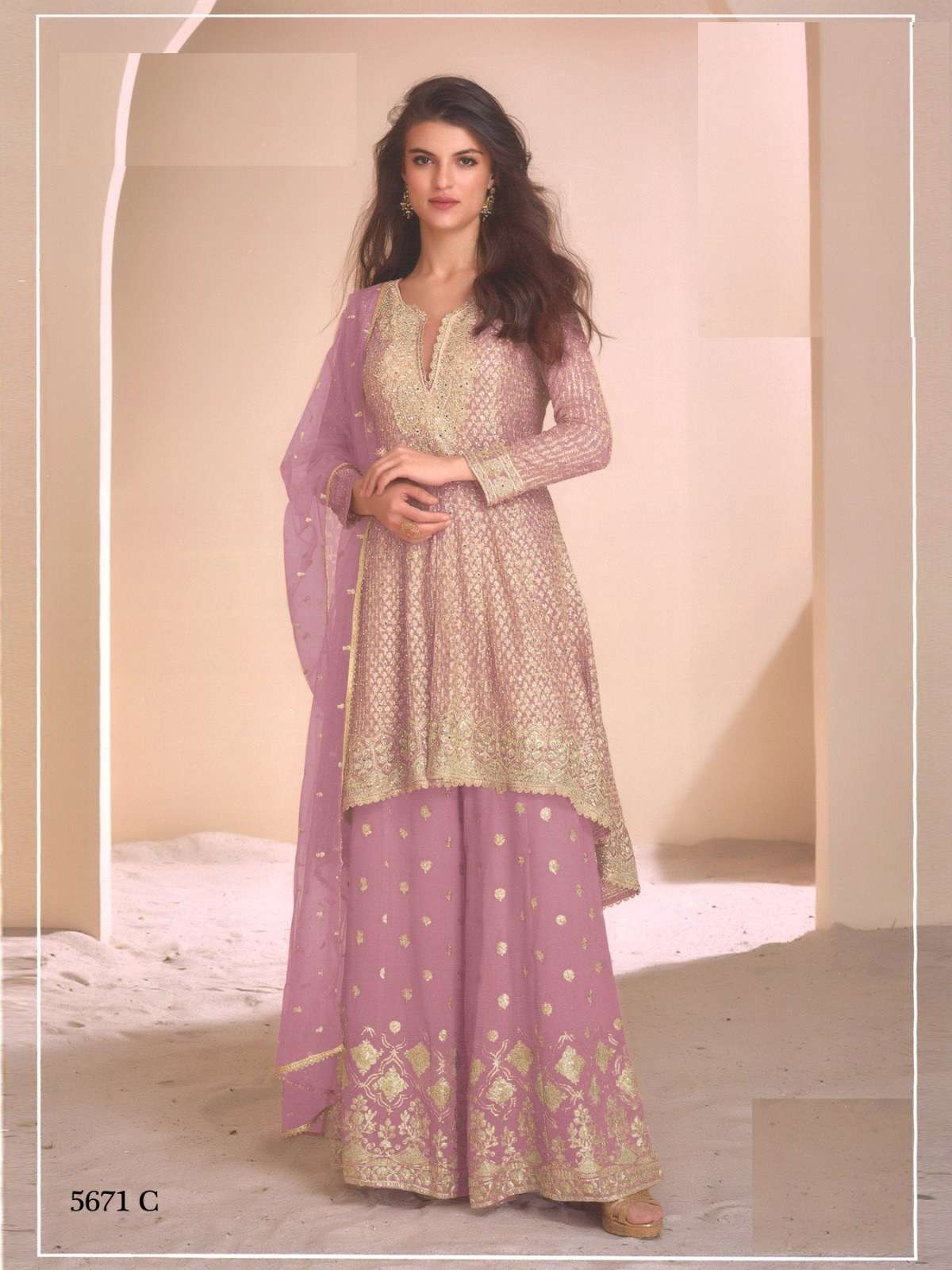 DESIGNER WEDDING PARTY WEAR HEAVY REAL GEORGETTE PINK SHARARA SALWAR SUIT RH SY AAYNA 5671 C