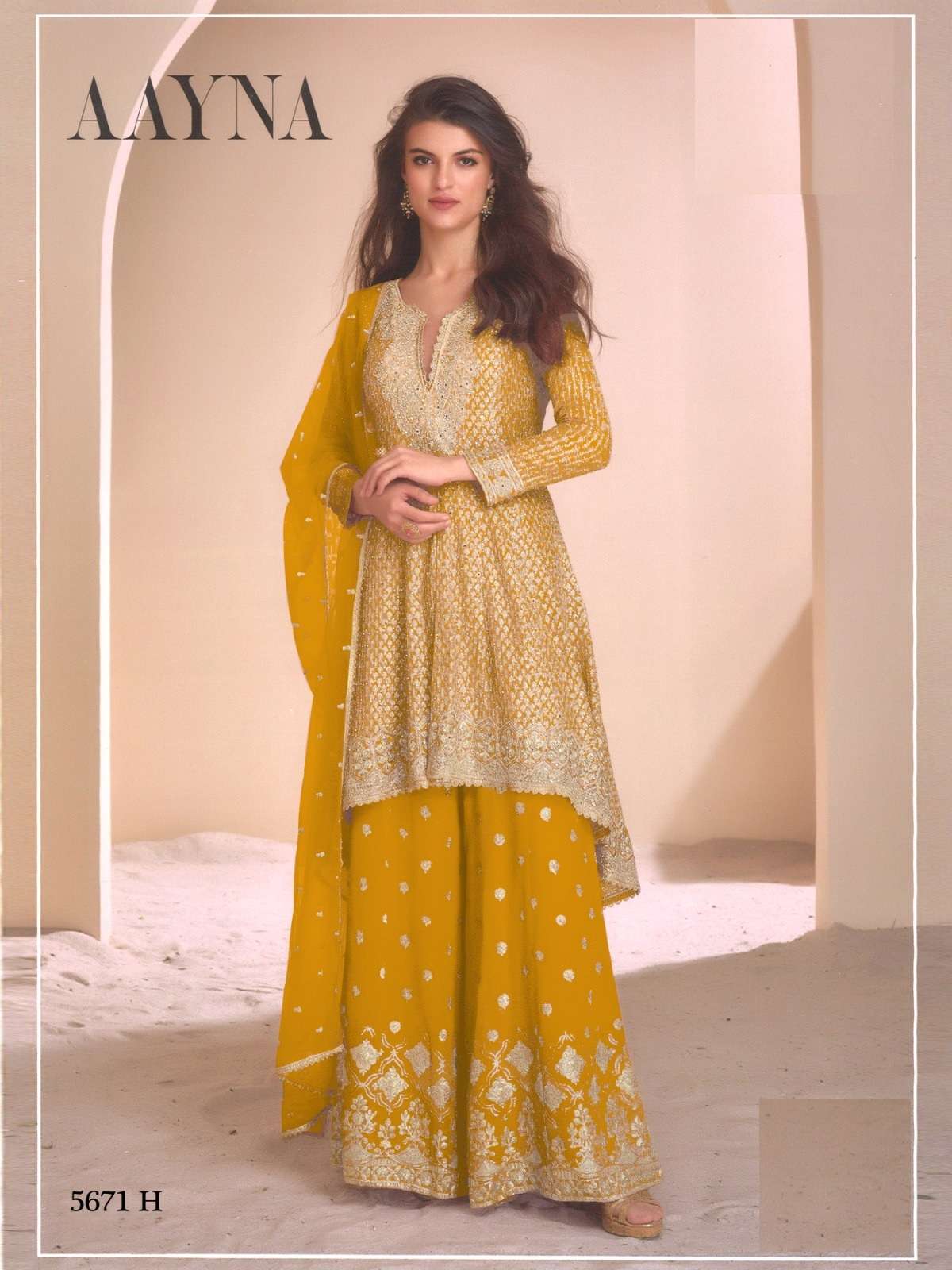 DESIGNER WEDDING PARTY WEAR HEAVY REAL GEORGETTE YELLOW SHARARA SALWAR SUIT RH SY AAYNA 5671 H