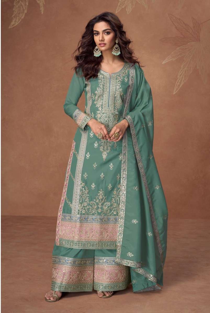 DESIGNER WEDDING PARTY WEAR HEAVY VICHITRA SILK GREEN SHARARA SALWAR SUIT SRH 1174 B