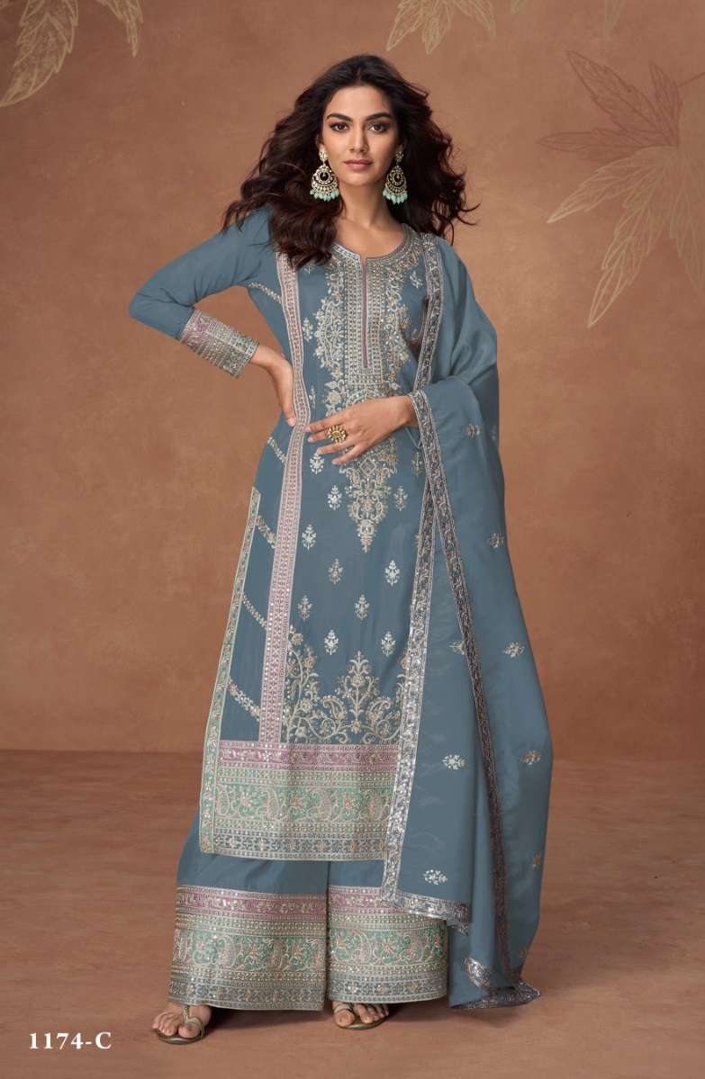DESIGNER WEDDING PARTY WEAR HEAVY VICHITRA SILK GREY SHARARA SALWAR SUIT SRH 1174 C