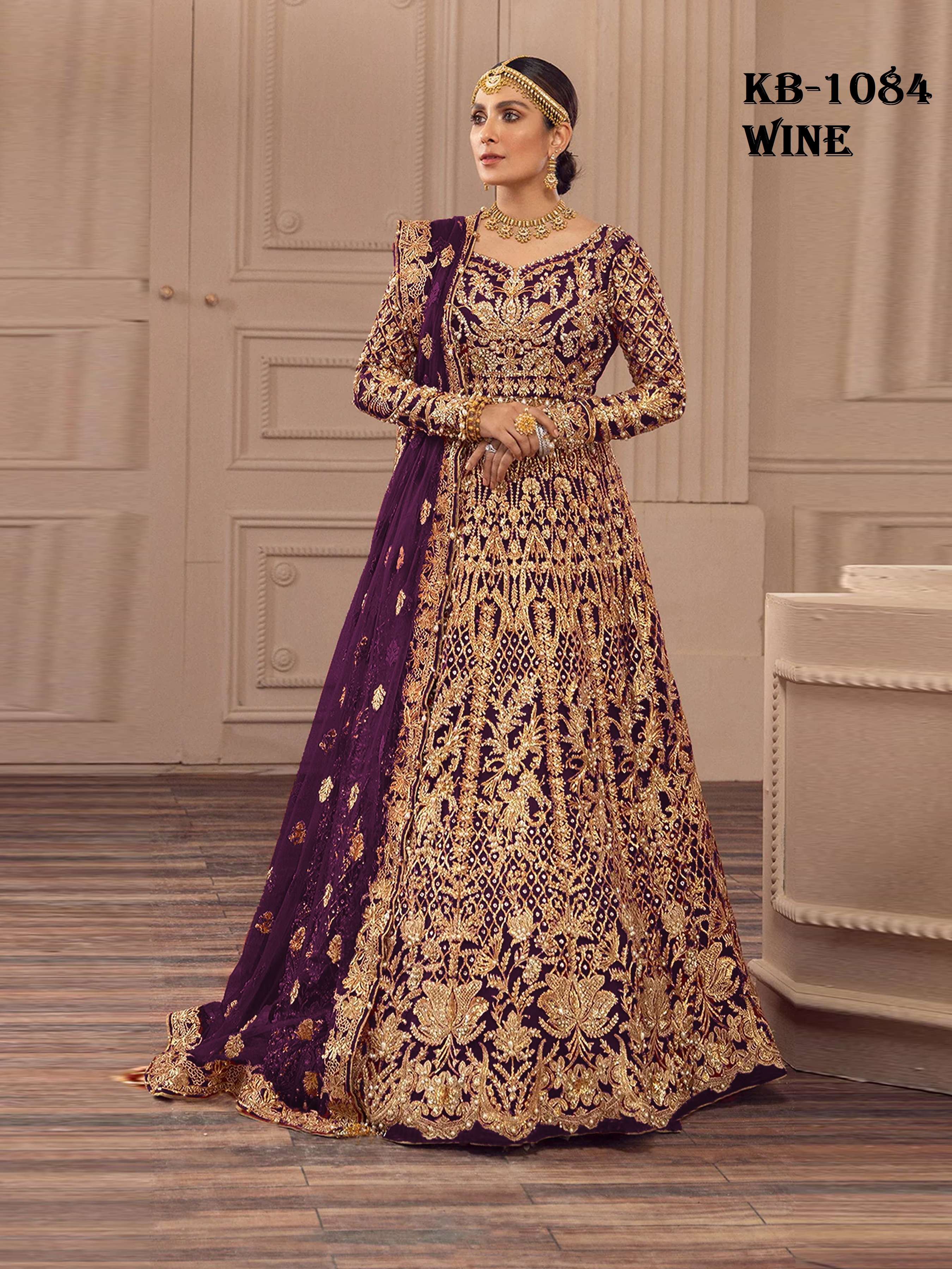 DESIGNER WEDDING PARTY WEAR PURPLE WINE ANARKALI SALWAR SUIT LONG GOWN IN BUTTERFLY NET KB 1084 C