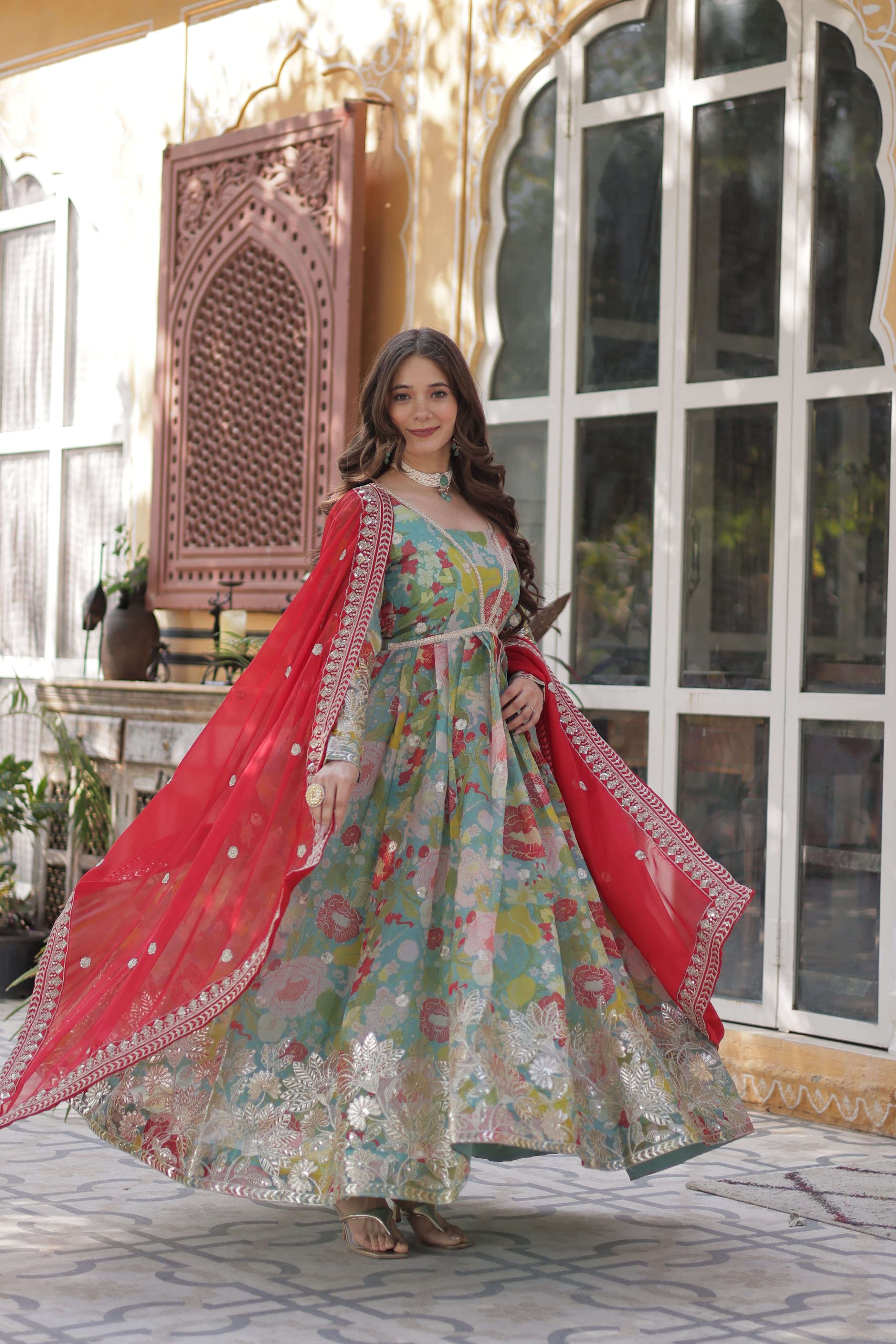 DESIGNER WEDDING PARTY WEAR RASSIAN SILK PRINTED READYMADE GREEN ANARKALI SALWAR SUIT GOWN KU 1159 A