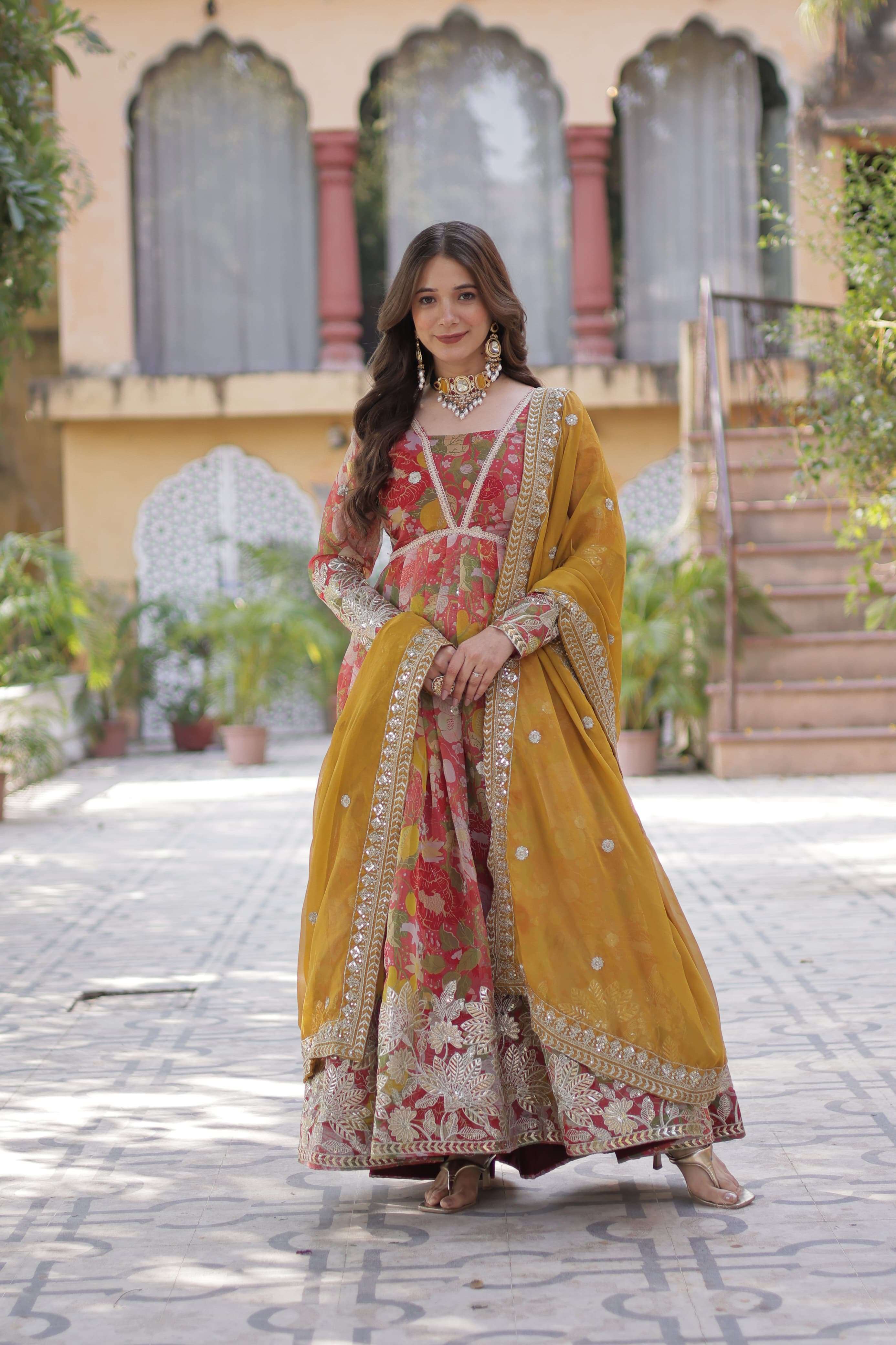DESIGNER WEDDING PARTY WEAR RASSIAN SILK PRINTED READYMADE RED ANARKALI SALWAR SUIT GOWN KU 1159 B