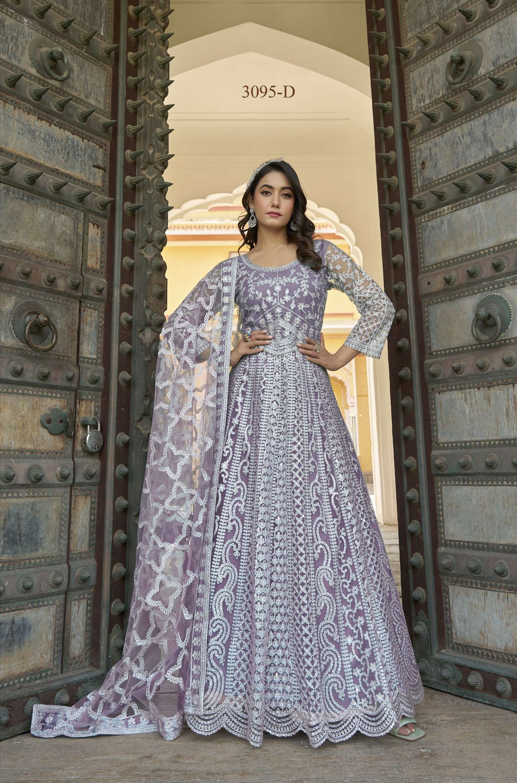 DESIGNER WEDDING PARTY WEAR READYMADE LAVENDER ANARKALI SALWAR SUIT LONG GOWN IN BUTTERFLY NET SENHORA MEHFIL 3095 D