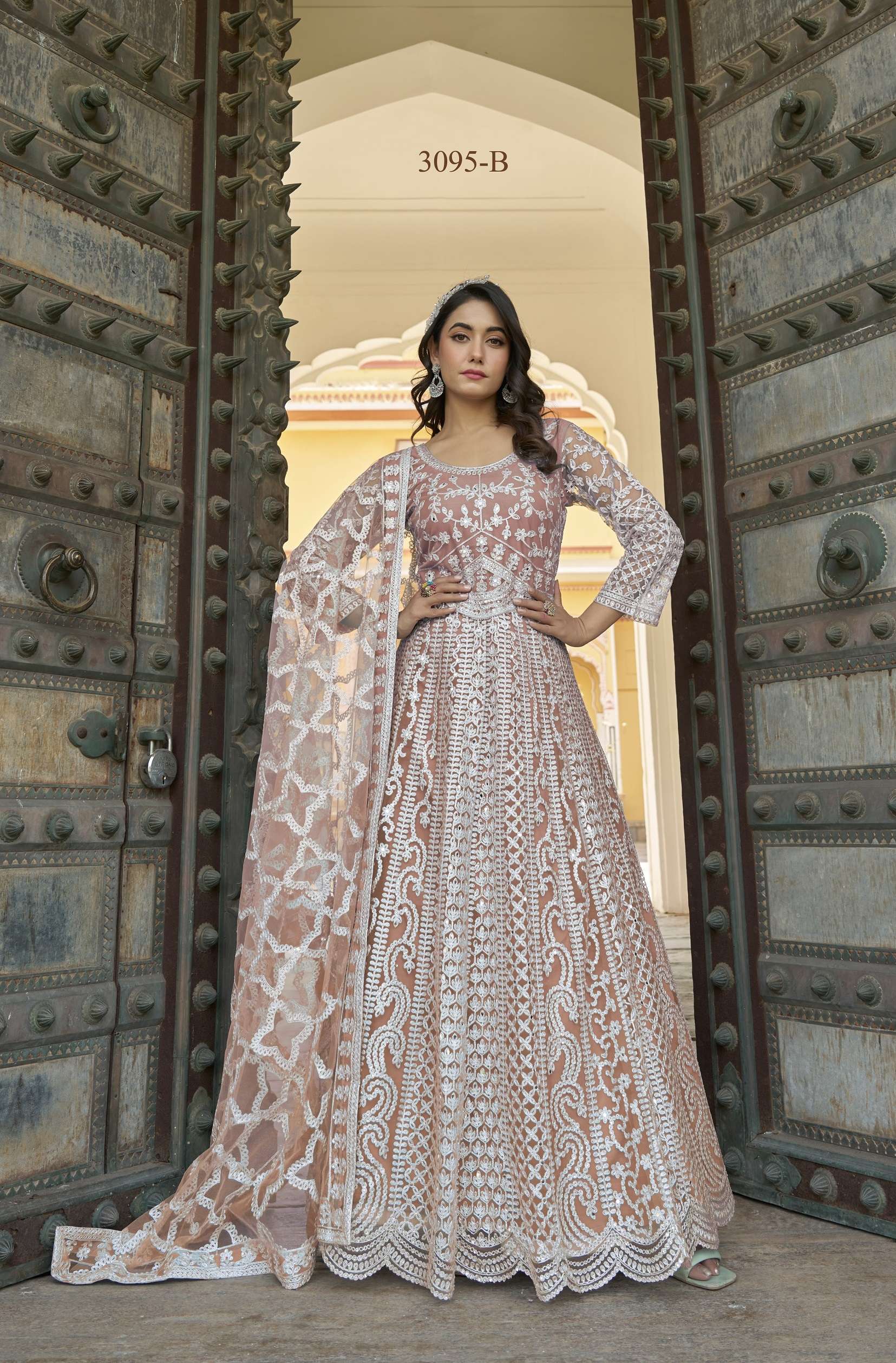 DESIGNER WEDDING PARTY WEAR READYMADE PEACH ANARKALI SALWAR SUIT LONG GOWN IN BUTTERFLY NET SENHORA MEHFIL 3095 B