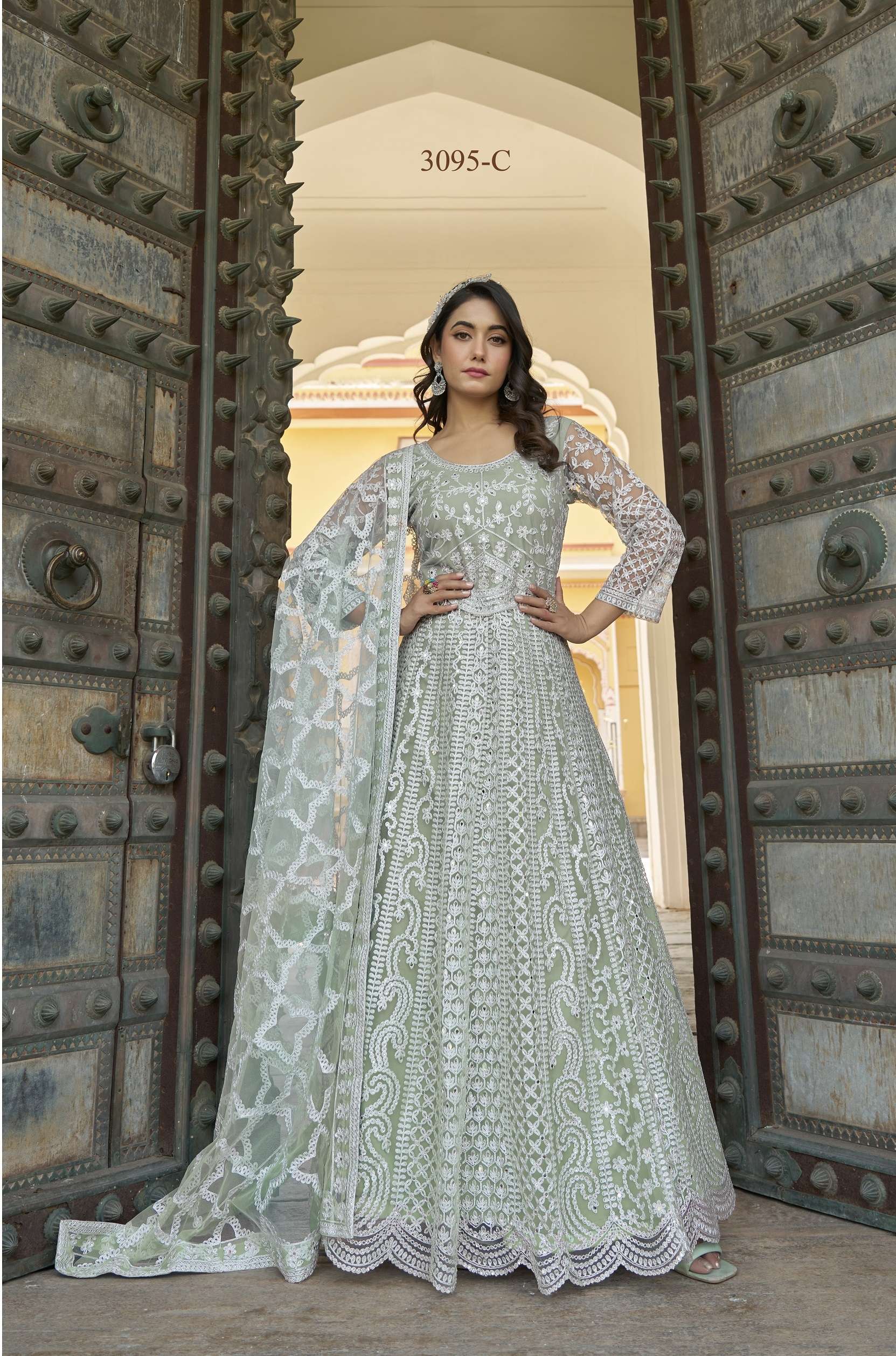 DESIGNER WEDDING PARTY WEAR READYMADE PISTA ANARKALI SALWAR SUIT LONG GOWN IN BUTTERFLY NET SENHORA MEHFIL 3095 C