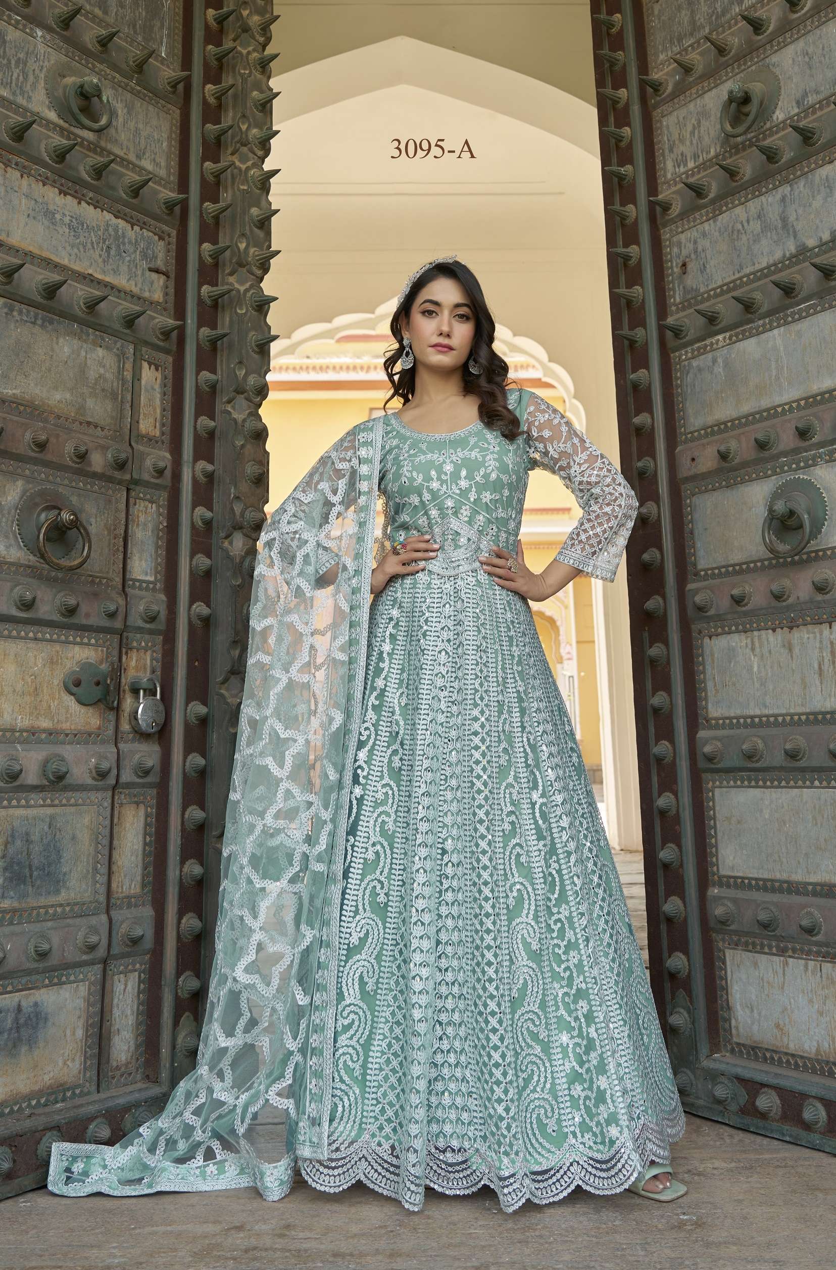 DESIGNER WEDDING PARTY WEAR READYMADE SKY COLOR ANARKALI SALWAR SUIT LONG GOWN IN BUTTERFLY NET SENHORA MEHFIL 3095 A