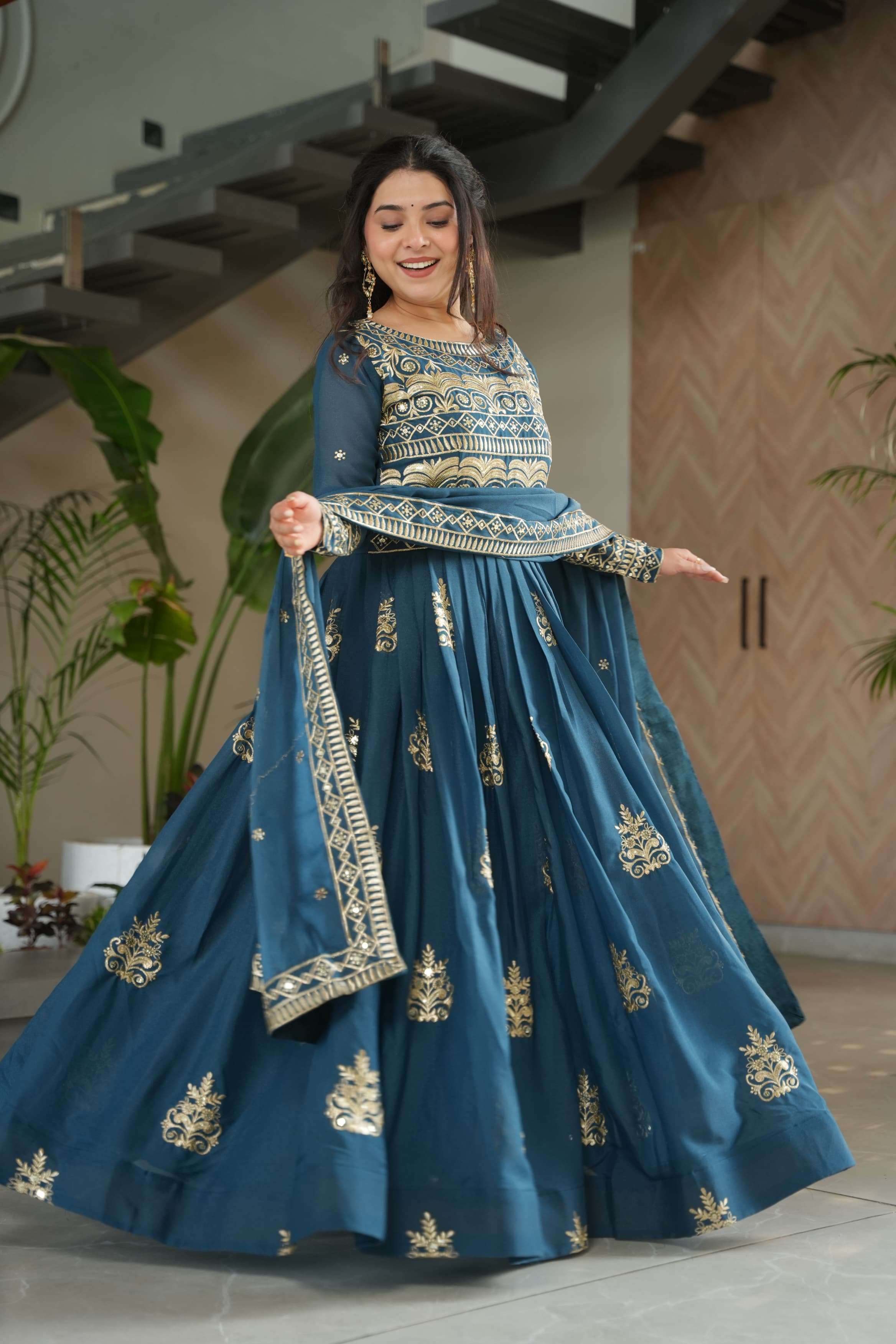 DESIGNER WEDDING PARTY WEAR REAL CHINON READYMADE BLUE GREEN ANARKALI SALWAR SUIT GOWN LW 9226 A
