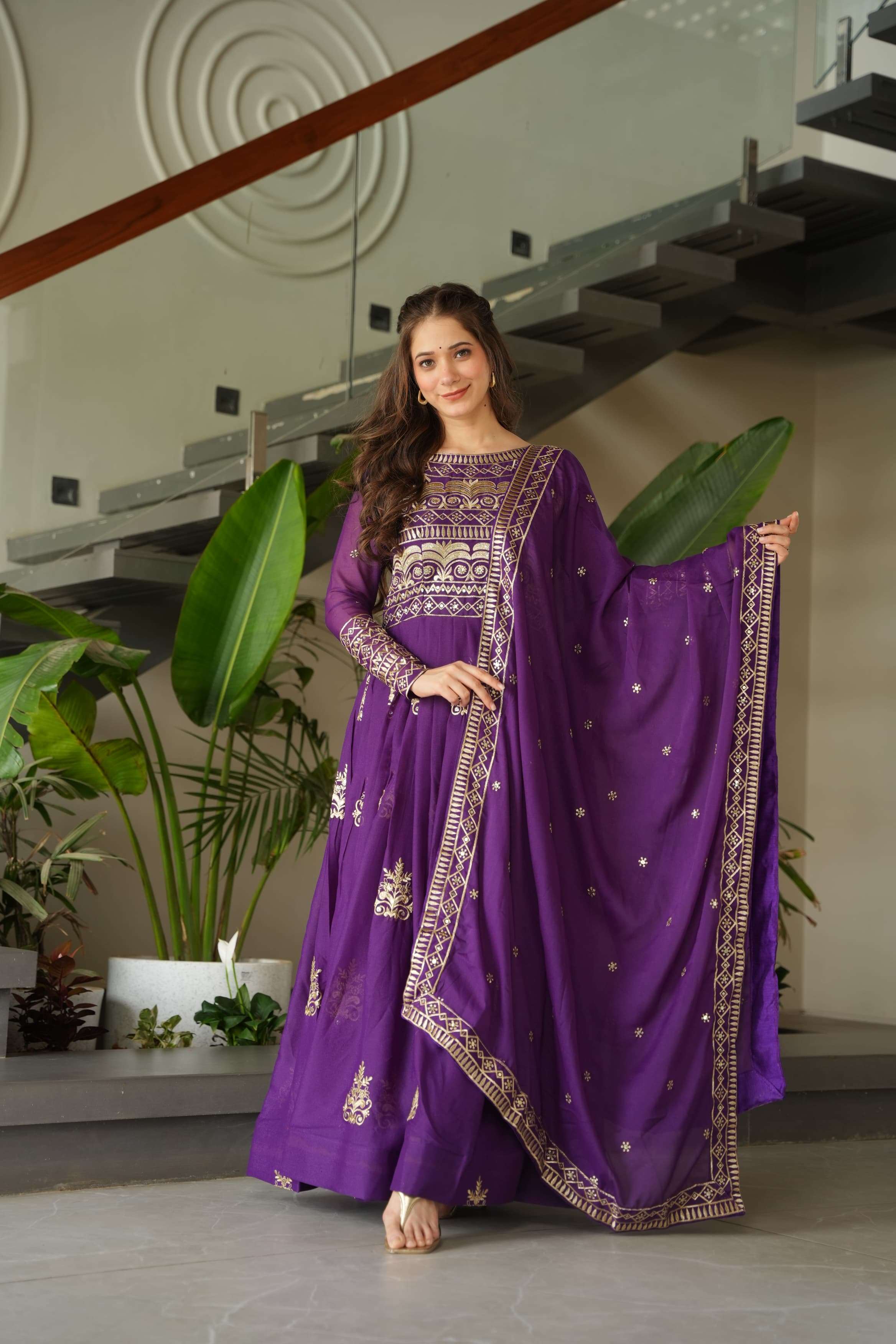 DESIGNER WEDDING PARTY WEAR REAL CHINON READYMADE PURPLE ANARKALI SALWAR SUIT GOWN LW 9226 B
