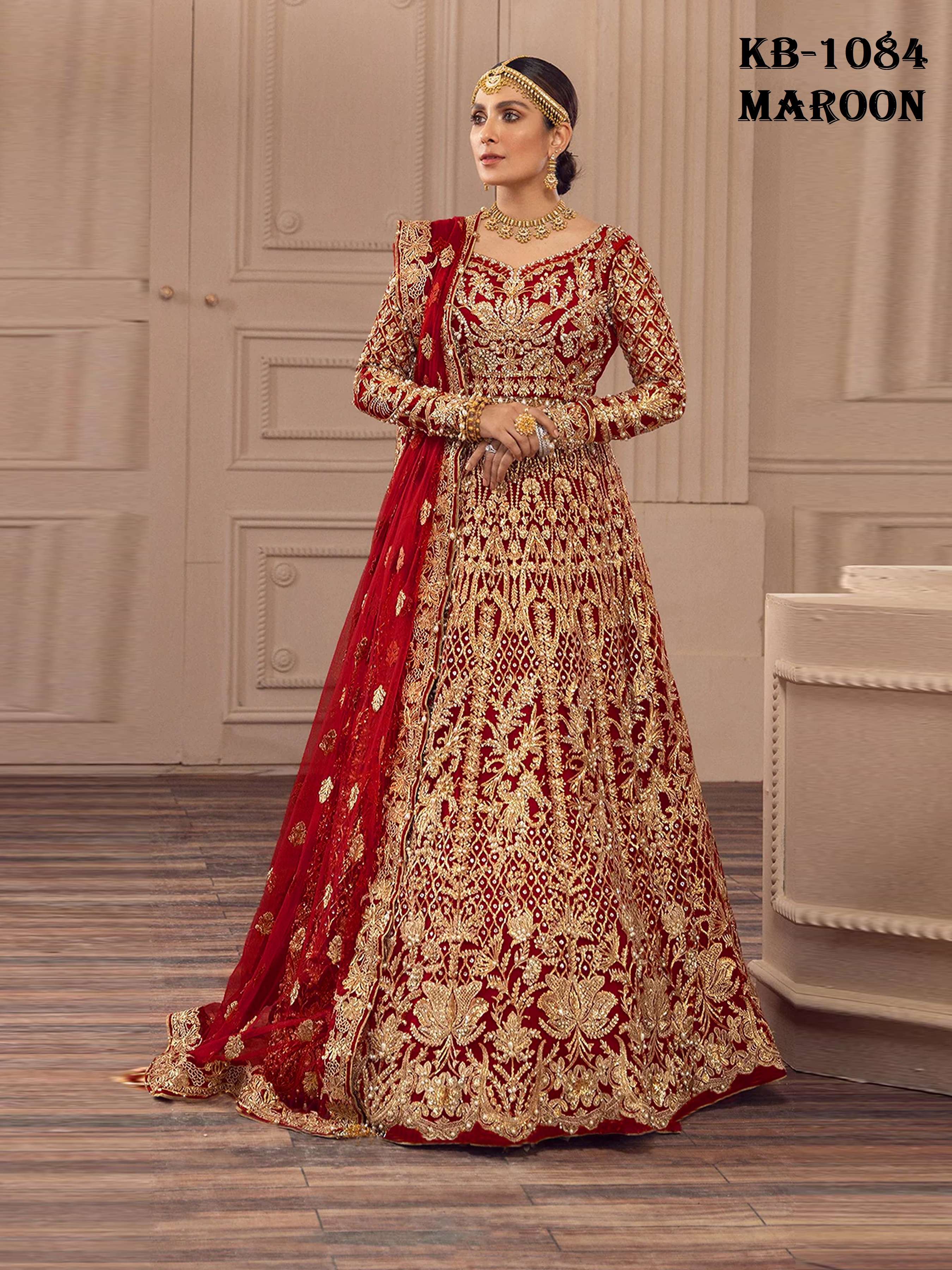 DESIGNER WEDDING PARTY WEAR RED ANARKALI SALWAR SUIT LONG GOWN IN BUTTERFLY NET KB 1084 B