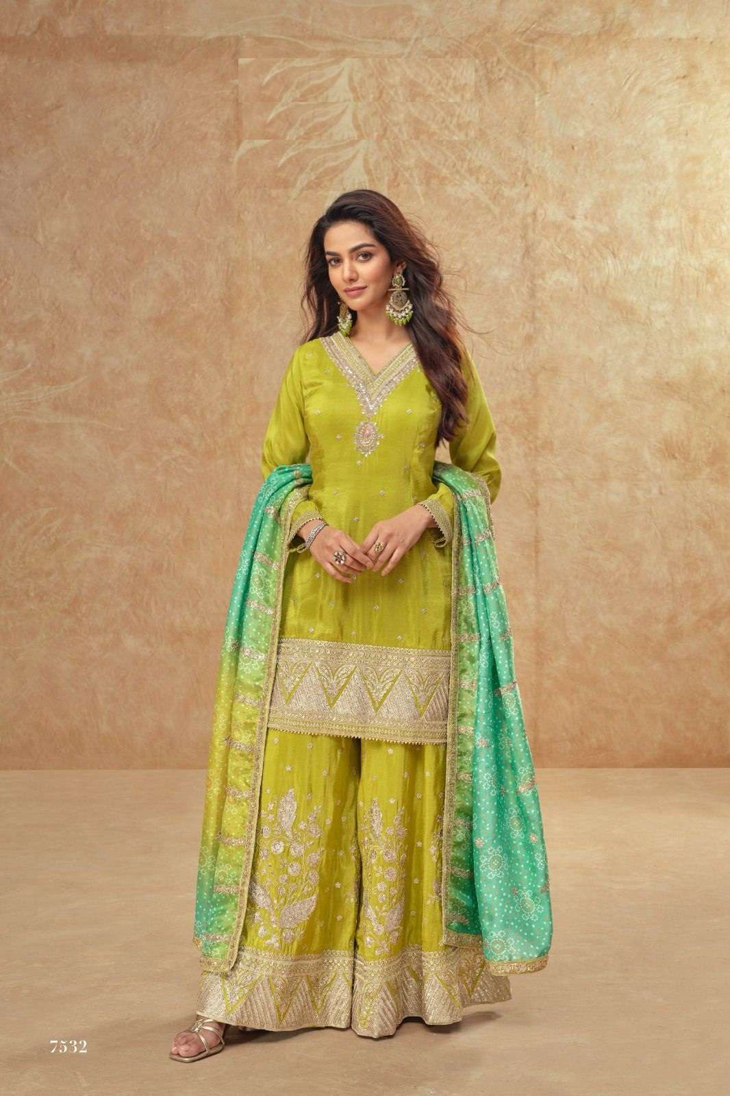 DESIGNER WEDDING PARTY WEAR SIMAR SILK GREEN SHARARA SALWAR SUIT GL TISHA 7532