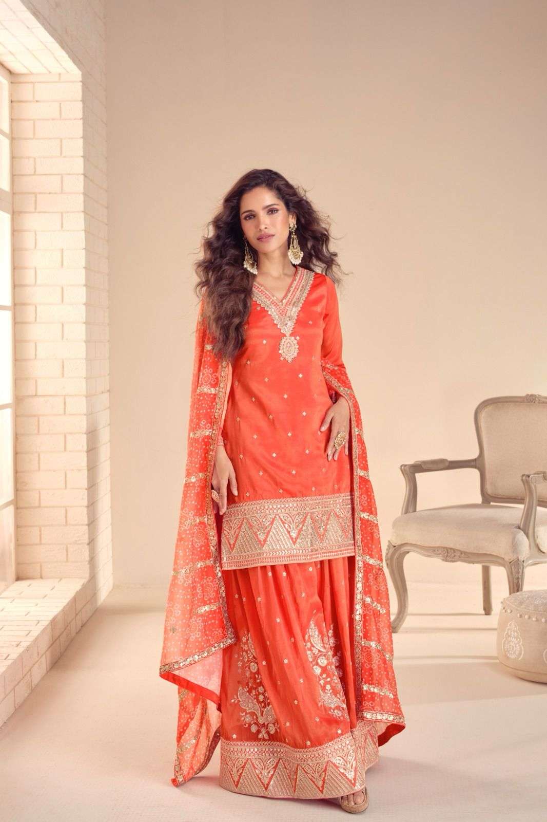 DESIGNER WEDDING PARTY WEAR SIMAR SILK ORANGE SHARARA SALWAR SUIT GL TISHA 7531