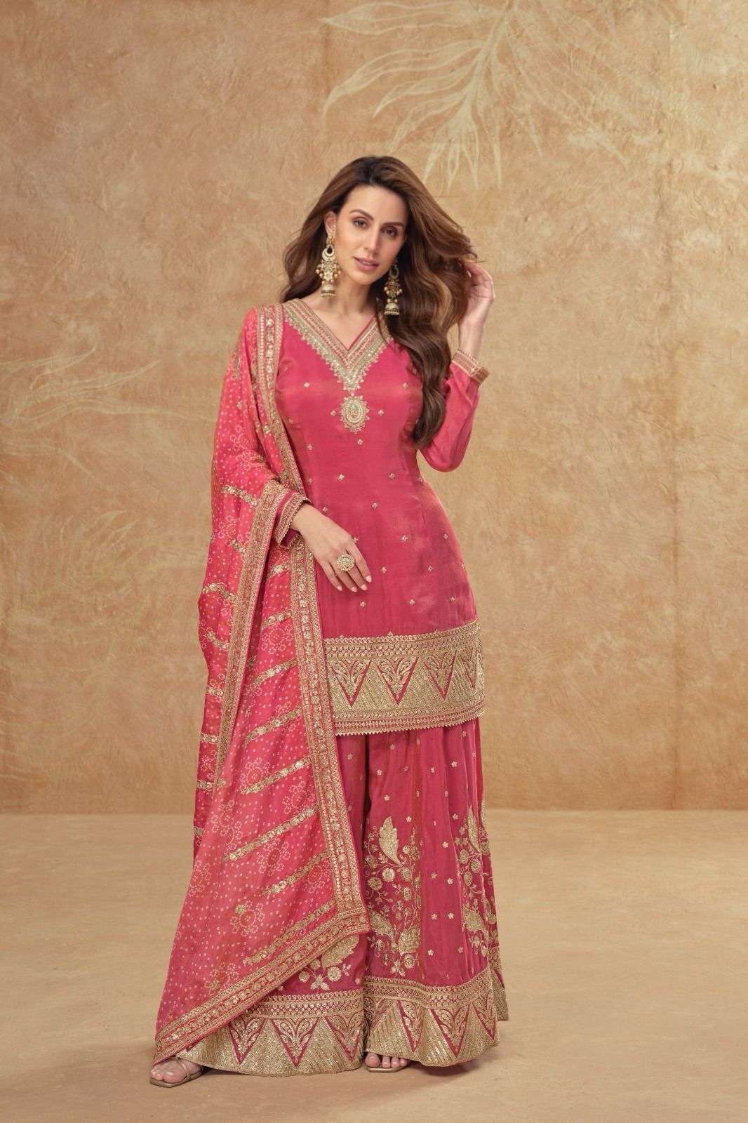 DESIGNER WEDDING PARTY WEAR SIMAR SILK PINK SHARARA SALWAR SUIT GL TISHA 7533