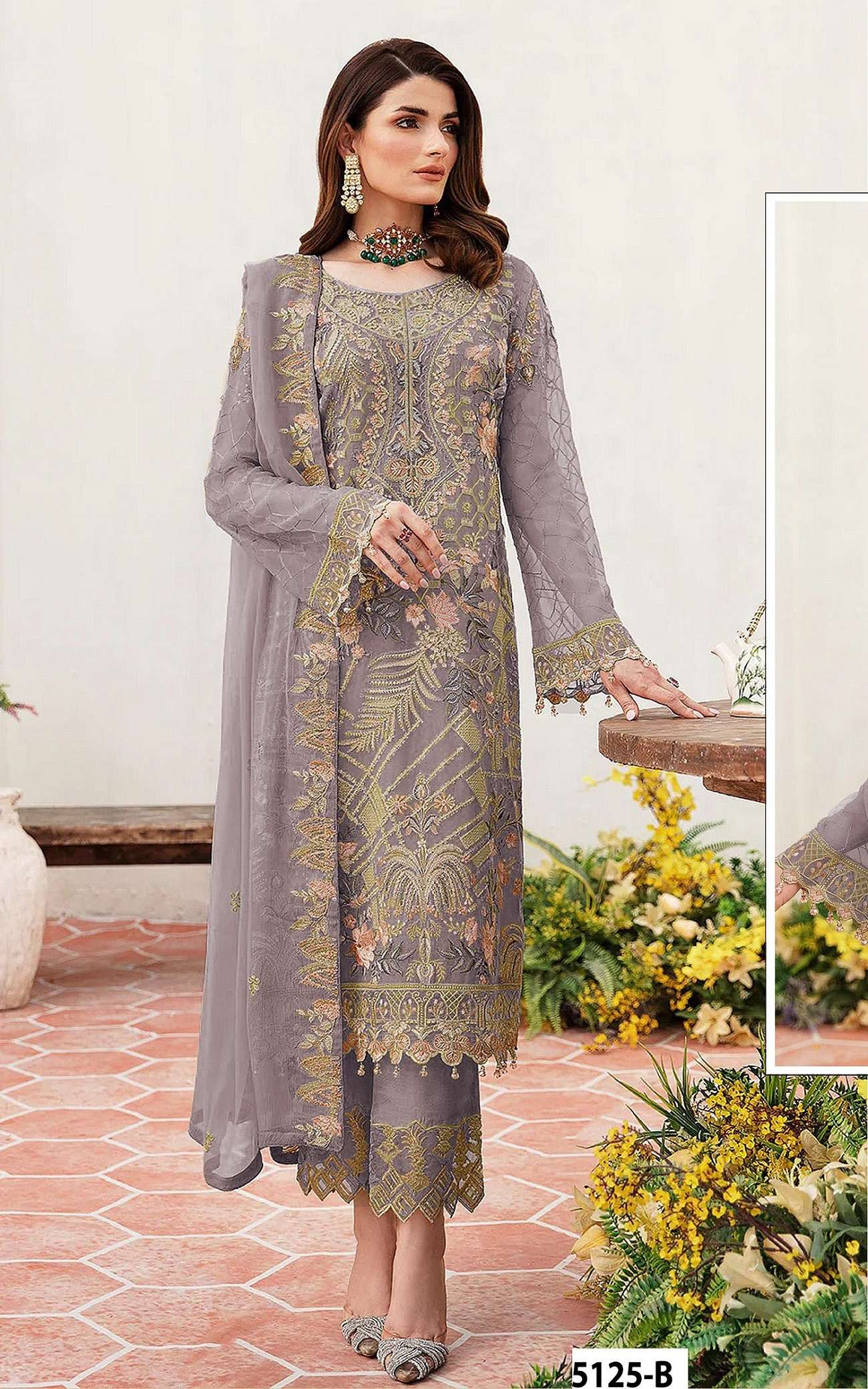 DESIGNER WEDDING PARTY WEAR STRAIGHT FAUX GEORGETTE LAVENDER PAKISTANI SALWAR SUIT JG 5125 B