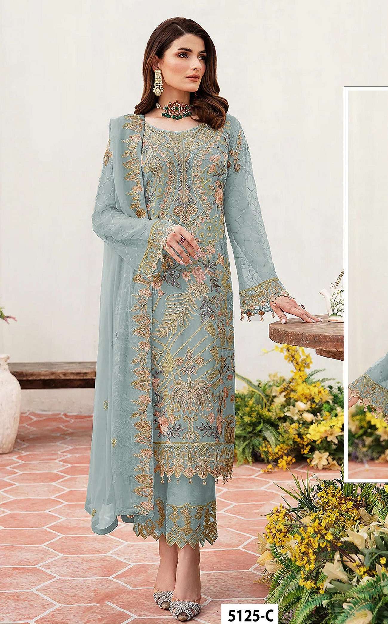 DESIGNER WEDDING PARTY WEAR STRAIGHT FAUX GEORGETTE SKY BLUE PAKISTANI SALWAR SUIT JG 5125 C