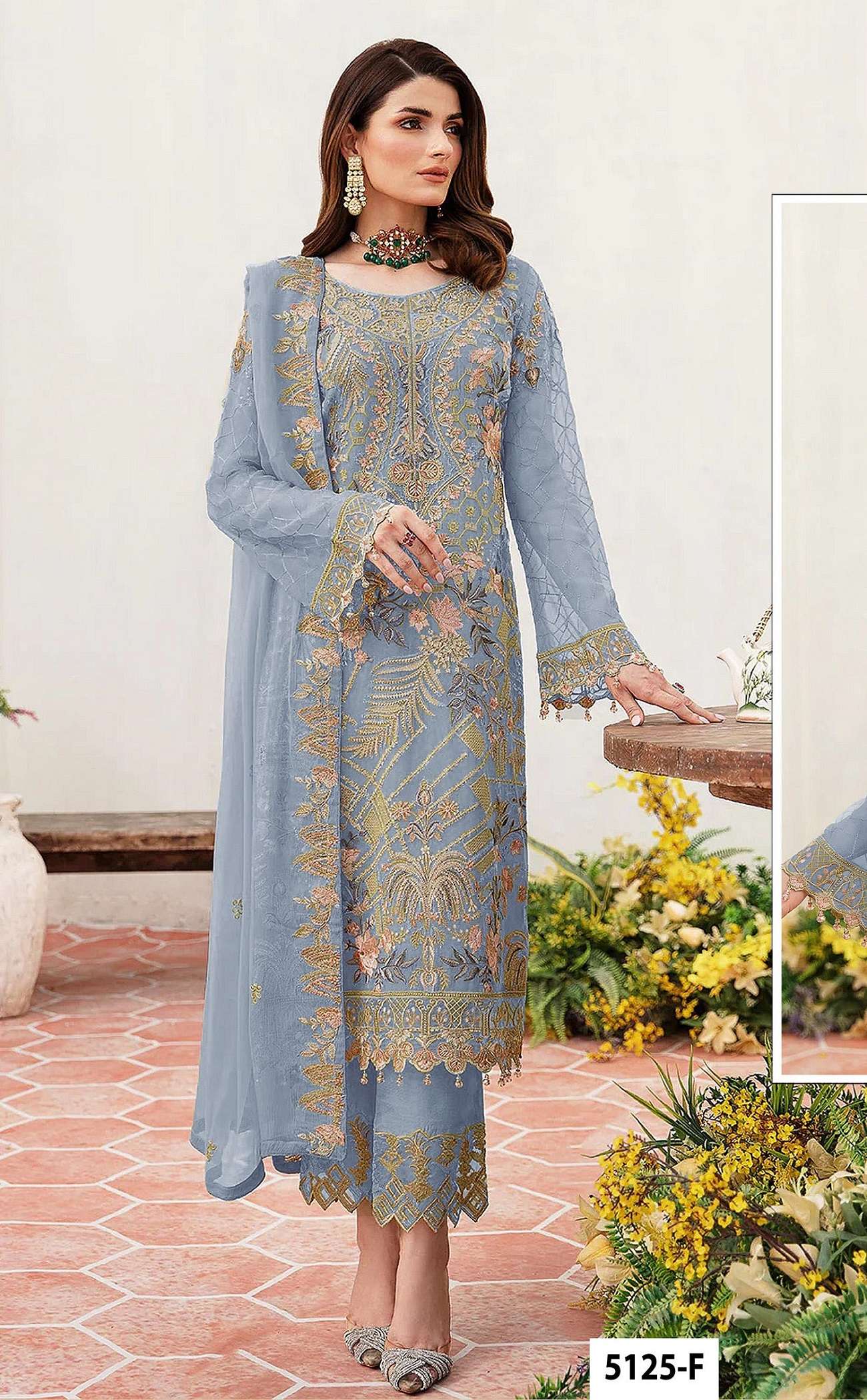 DESIGNER WEDDING PARTY WEAR STRAIGHT FAUX GEORGETTE GREY PAKISTANI SALWAR SUIT JG 5125 F